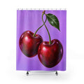 Two glossy red cherries with green stems on lilac shower curtain with full front view