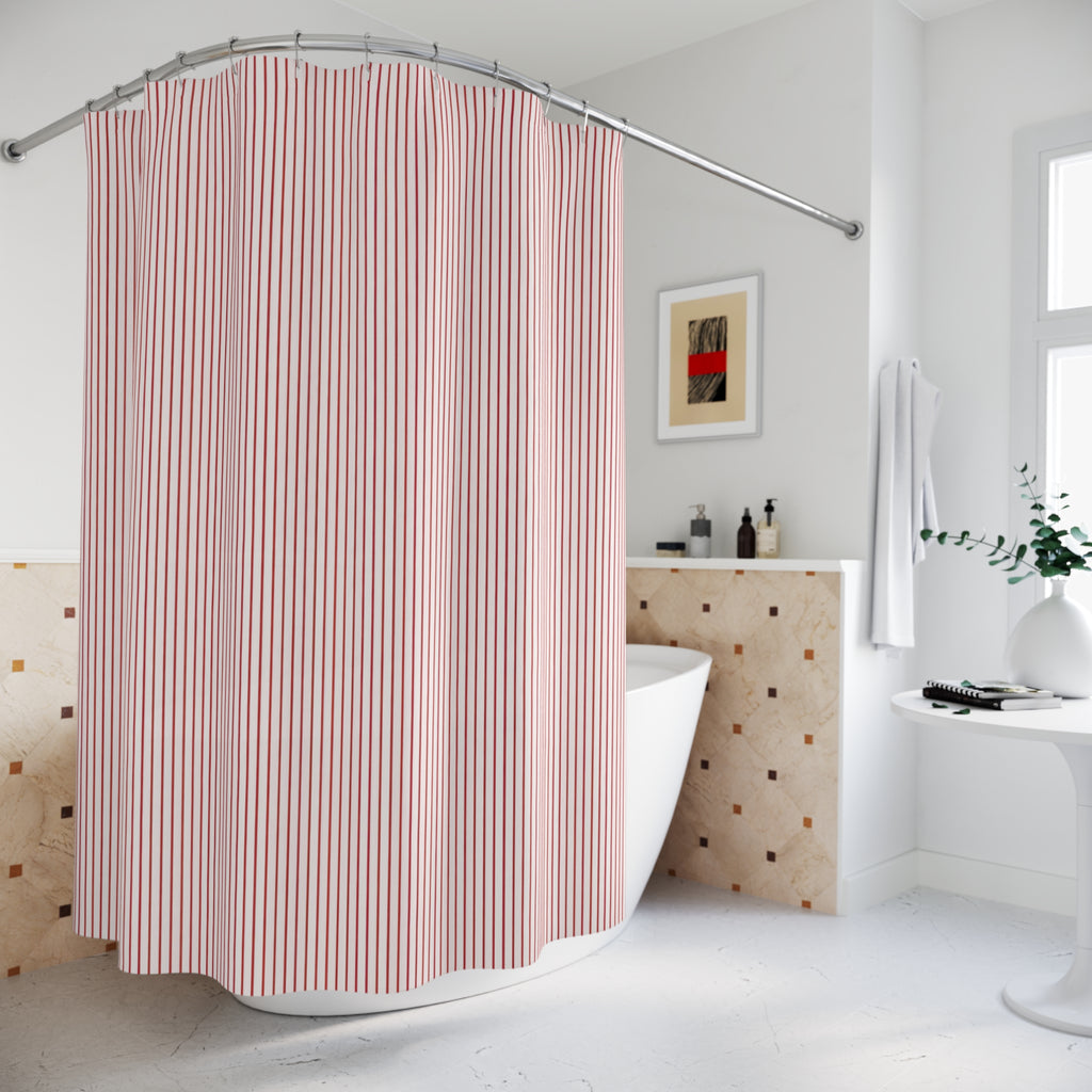 Red and White Pinstripe Shower Curtain: Fine Vertical Stripe