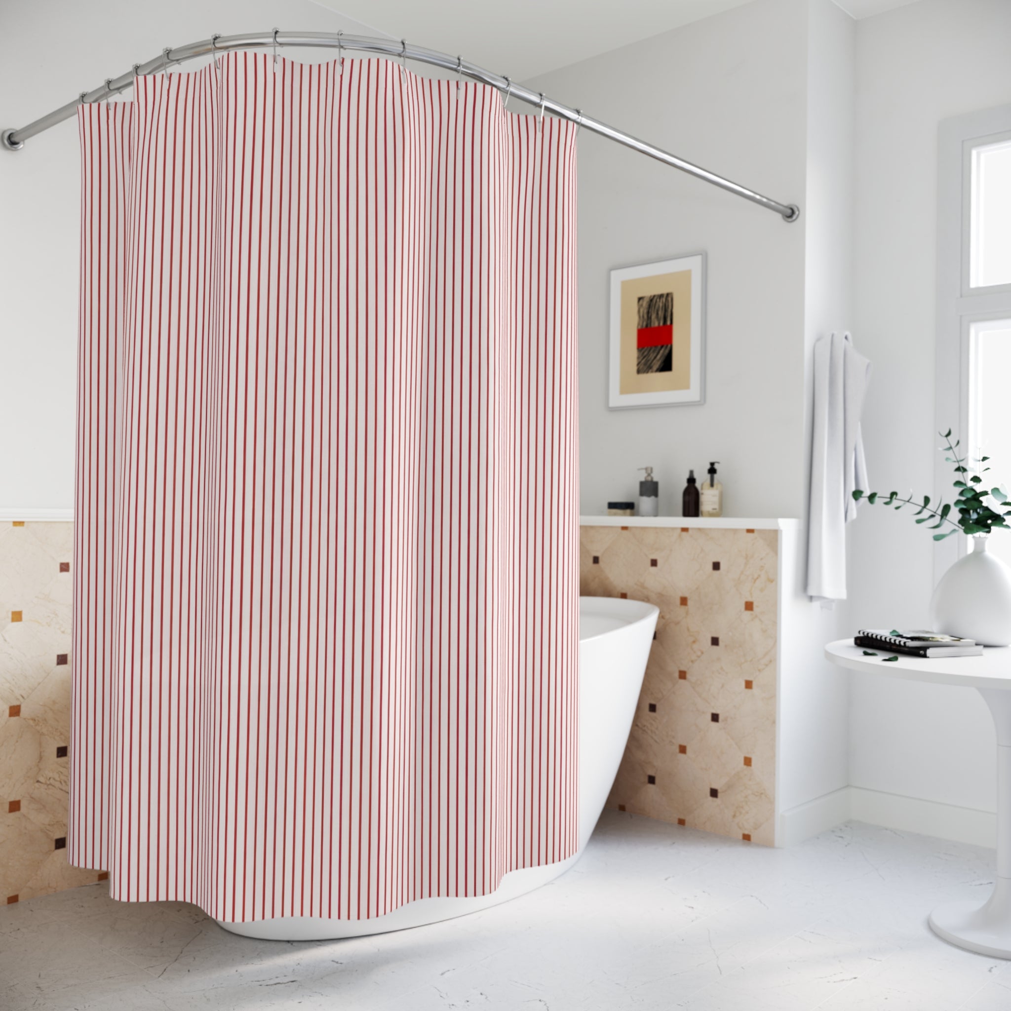 Red and White Pinstripe Shower Curtain: Fine Vertical Stripe