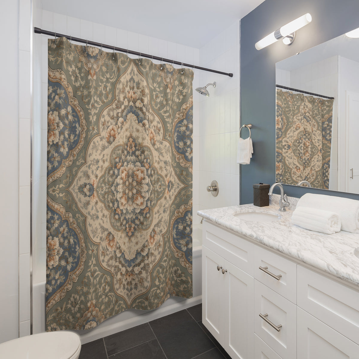 Vintage floral medallions in dusty blue sage and beige shower curtain beside a freestanding tub