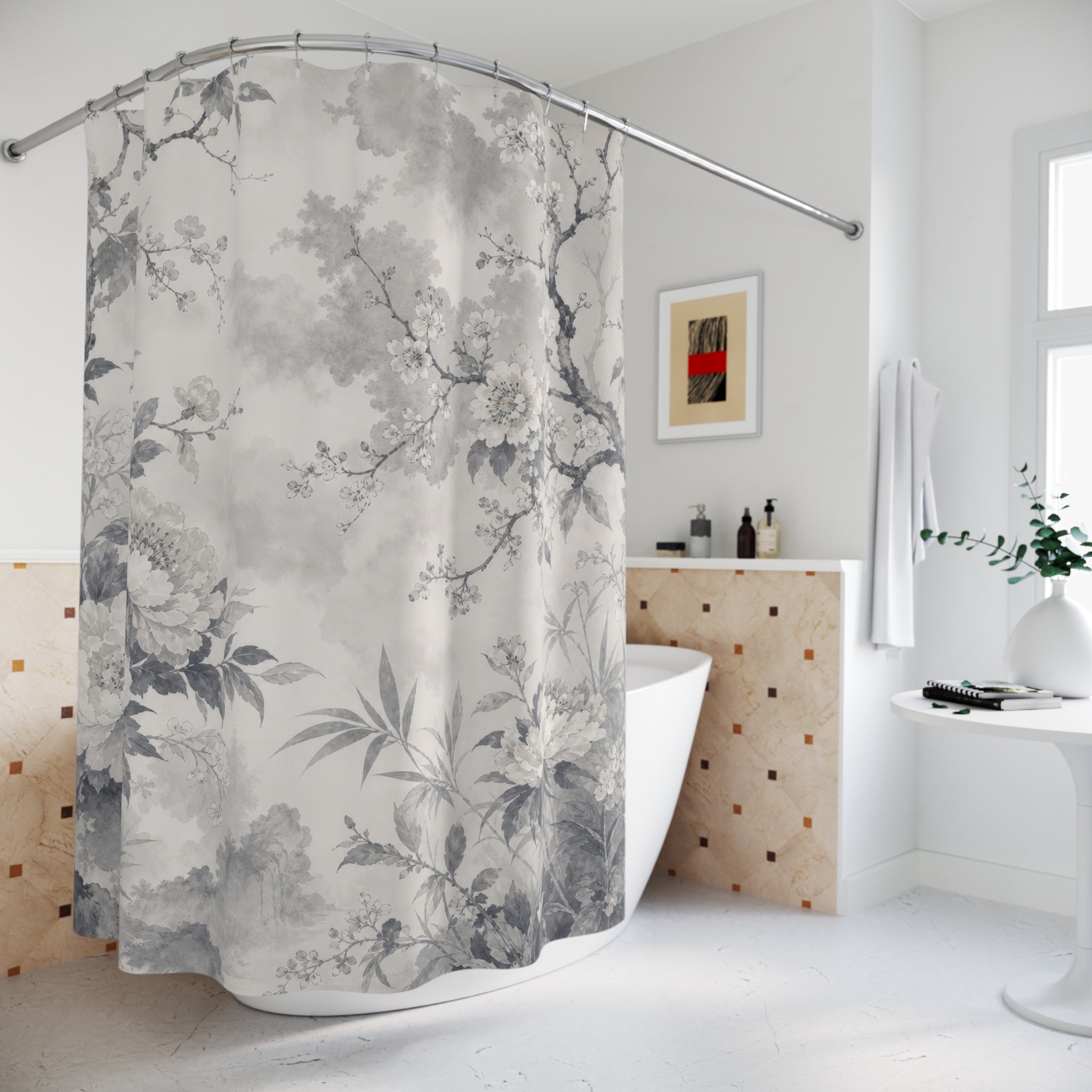 Gray Watercolor Garden Shower Curtain