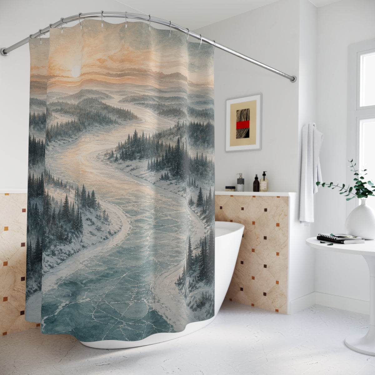 Frozen river through snowy pines at winter sunrise shower curtain beside a freestanding tub