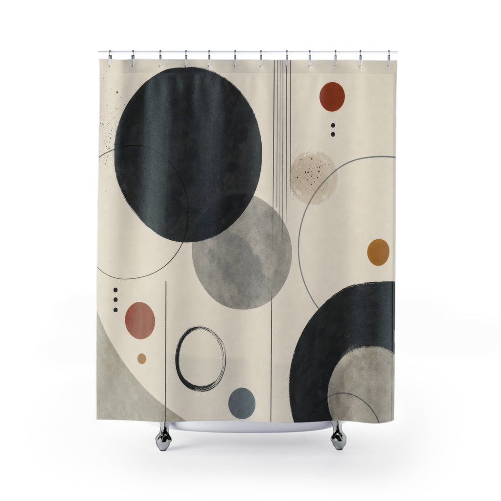Abstract Shower Curtain, Black Circle Pattern, Modern Geometric Bathroom Decor, Cream Gray Orange Minimal Art Bath Style, Neutral Accent