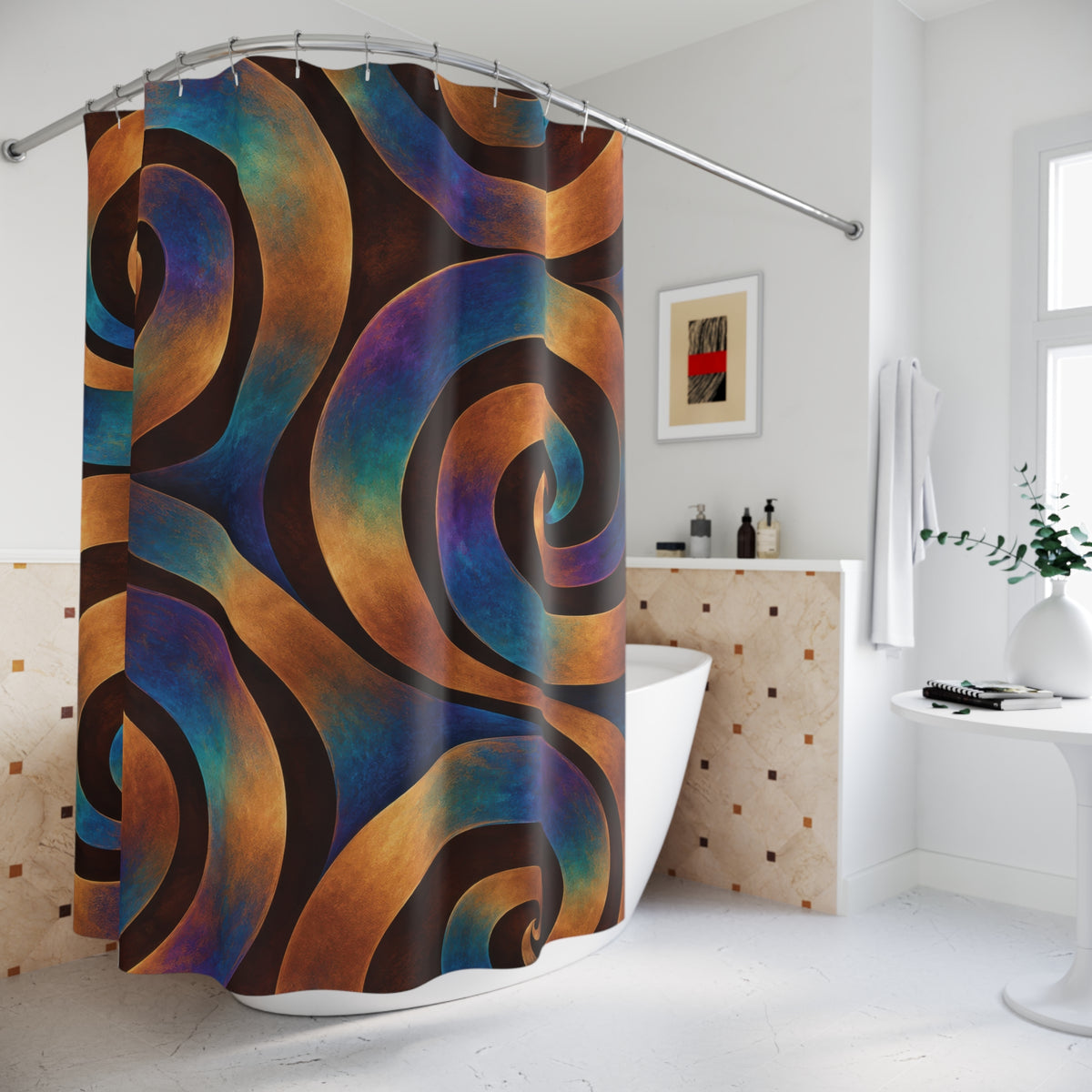 Iridescent copper-tone and teal spirals on espresso brown shower curtain beside a freestanding tub