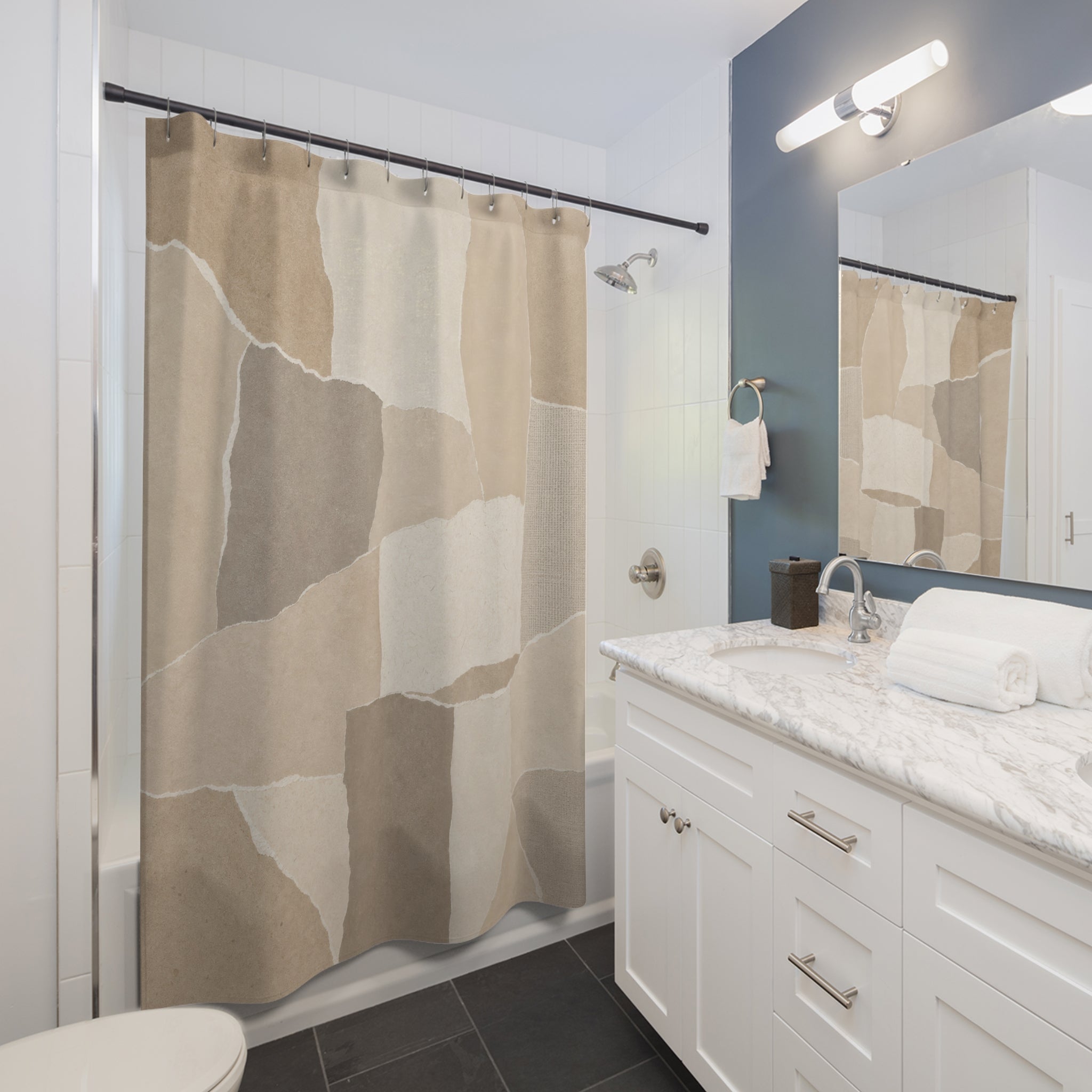 Beige Taupe Patchwork Block Shower Curtain