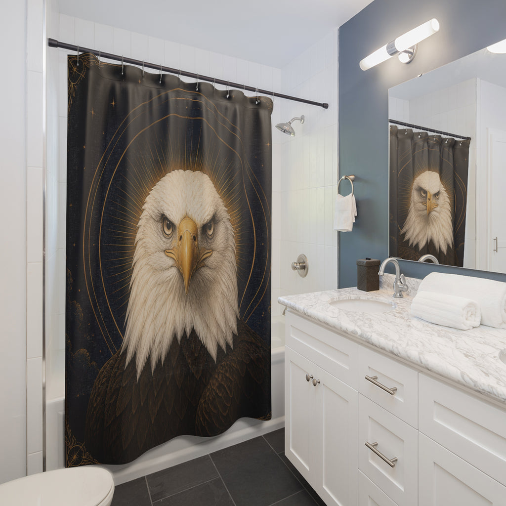 Regal bald eagle portrait on navy and gold shower curtain beside a white vanity