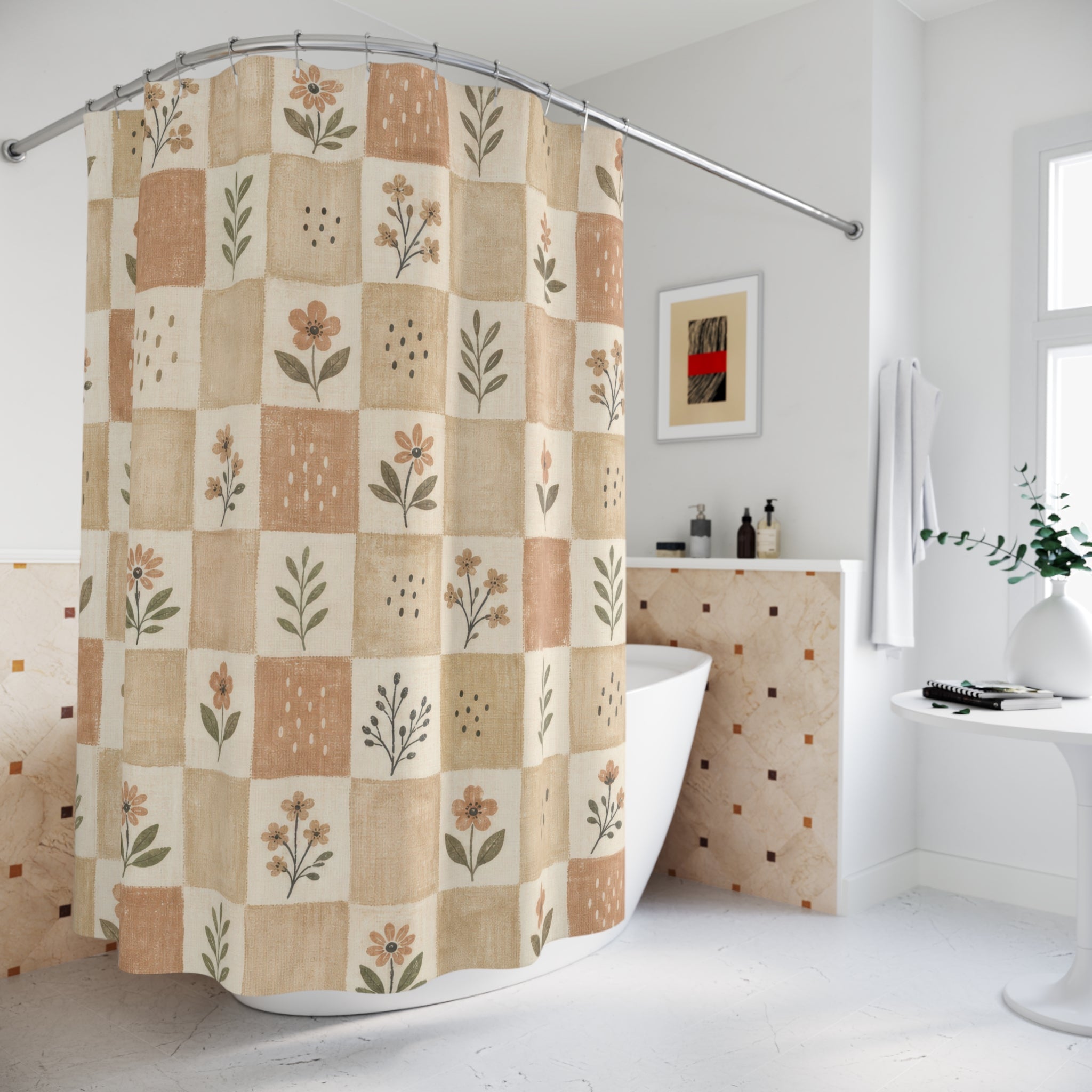 Floral Checkerboard Patchwork Shower Curtain