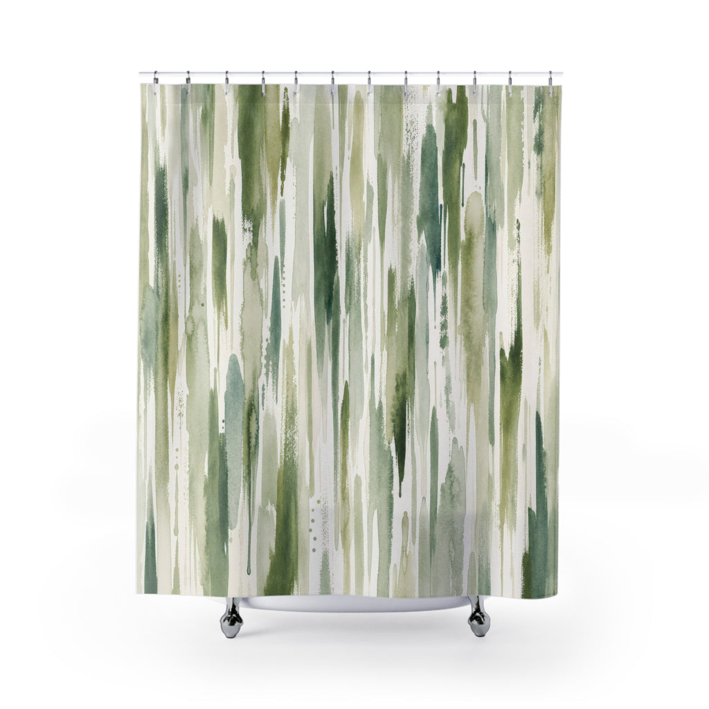 White Watercolor Green Stripe Modern Beige Black Cream Shower Curtain