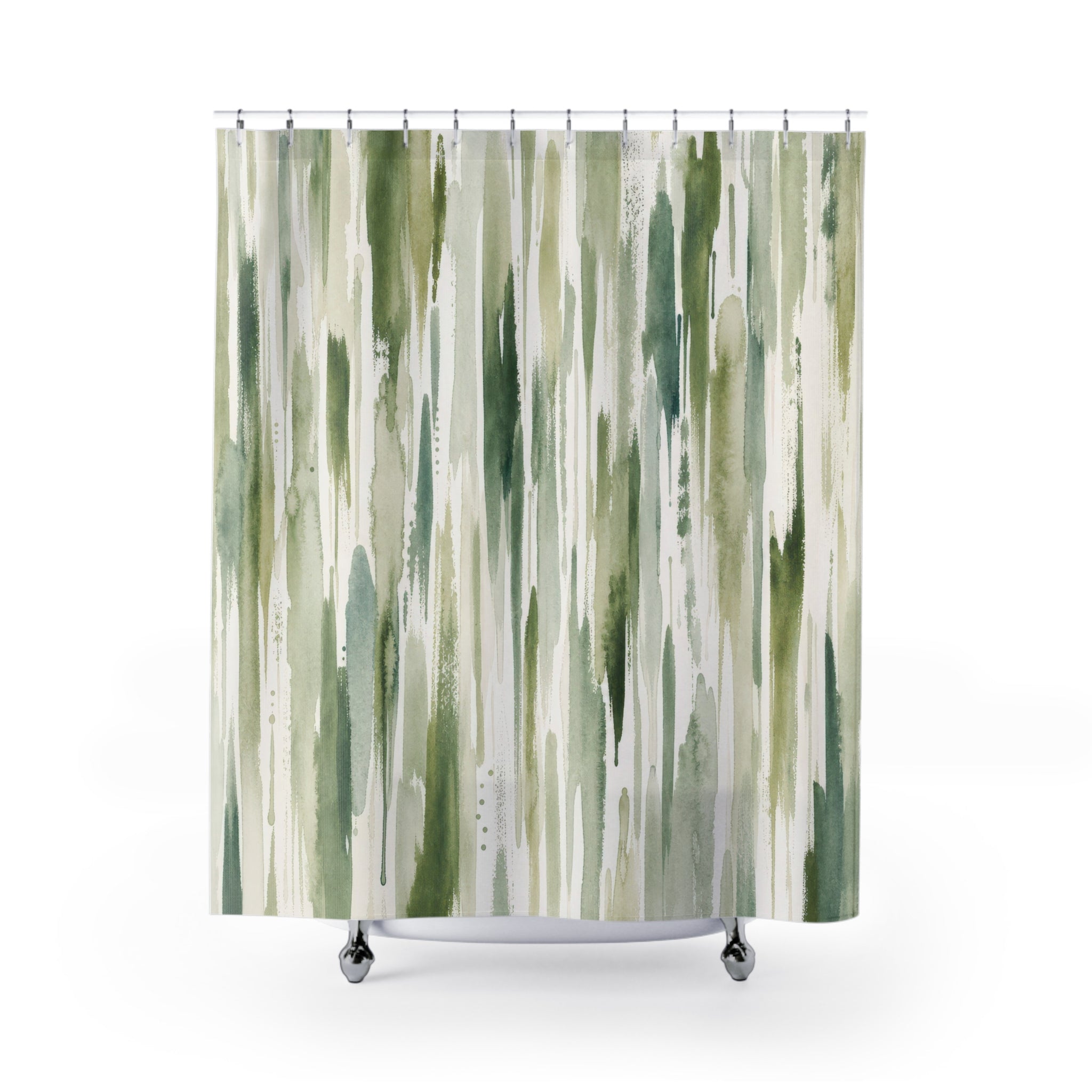 White Watercolor Green Stripe Modern Beige Black Cream Shower Curtain