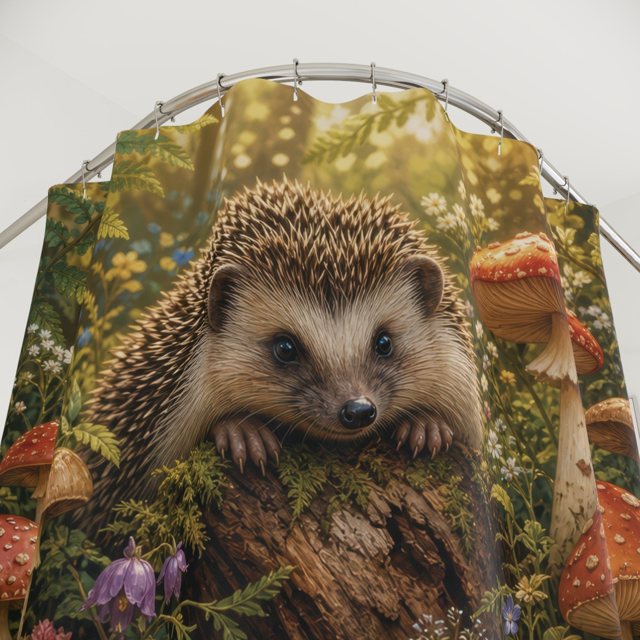 Hedgehog Shower Curtain: Cute Mushroom Woodland Animal