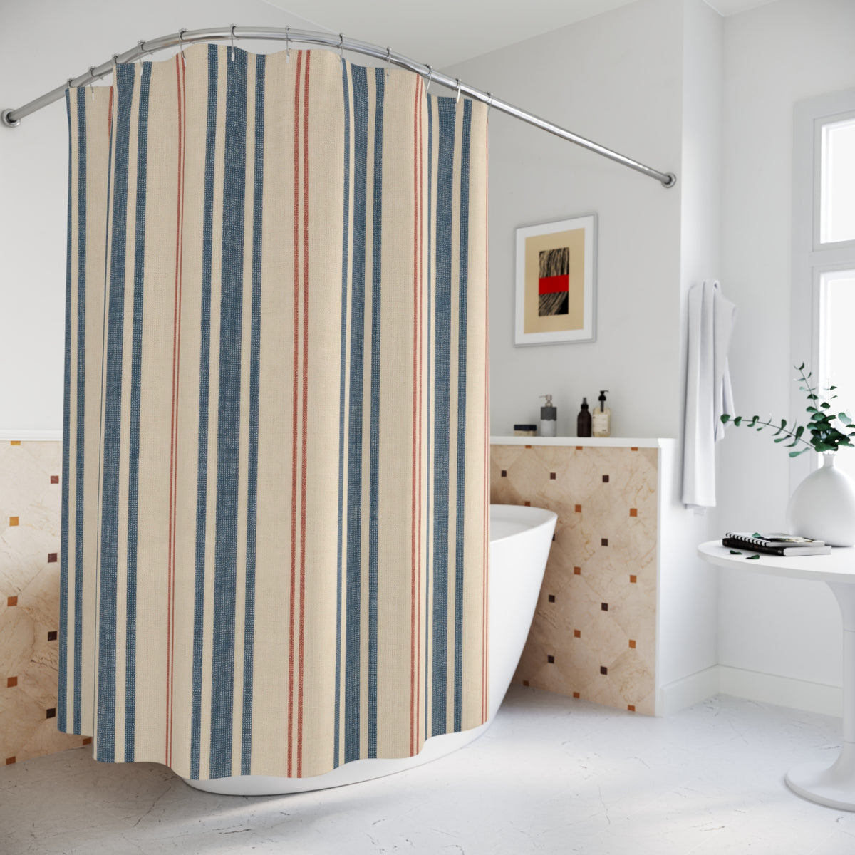 French Ticking Stripe Beige Blue Brown Coral Shower Curtain
