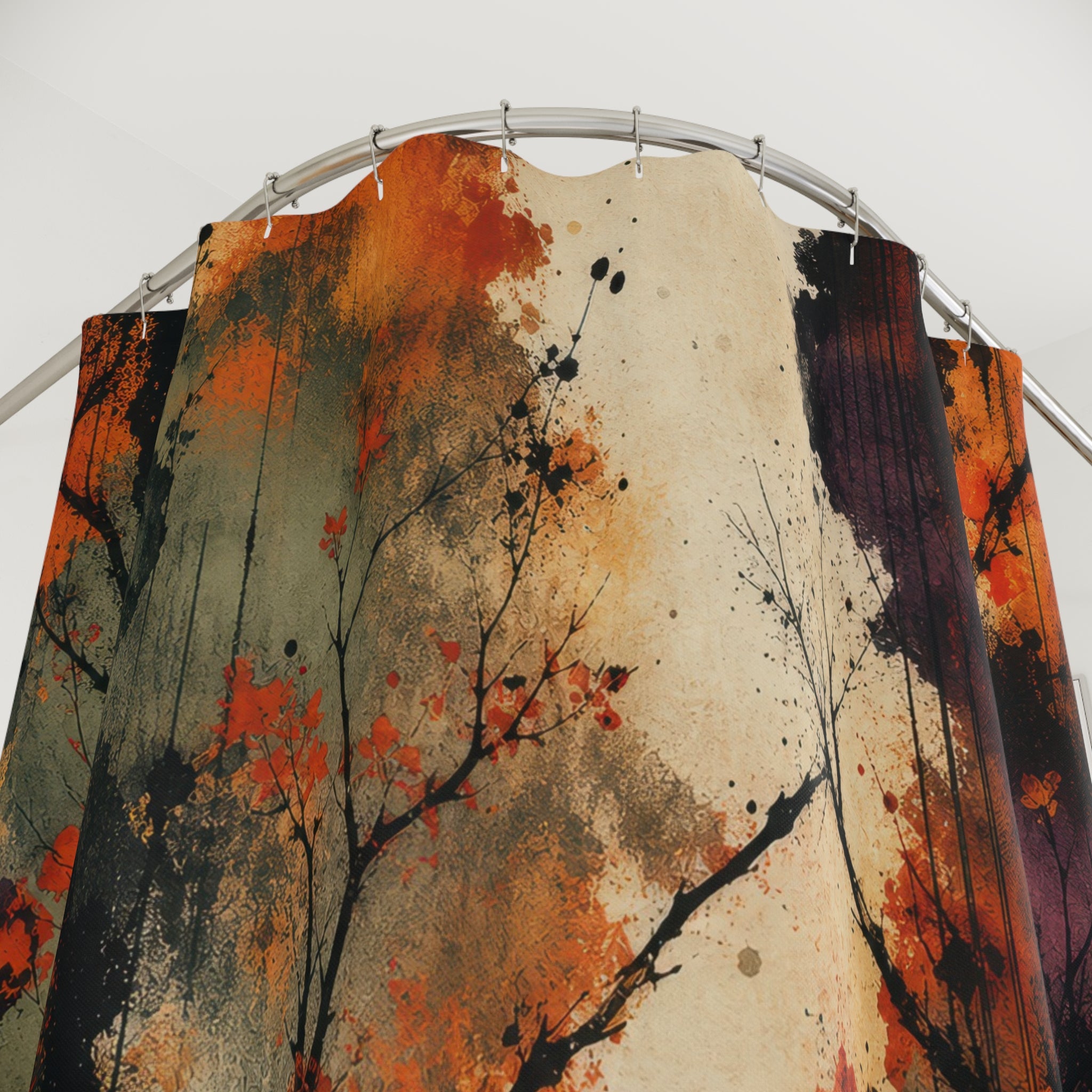 Nature Inspired Shower Curtain, Orange Black Abstract Trees, Autumn Forest Bathroom Decor, Moody Botanical Art, Dark Guest Bath, Modern Bath