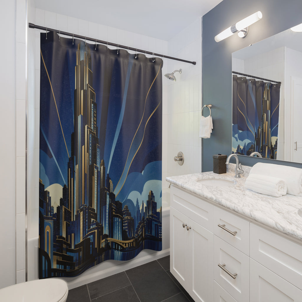 Midnight blue Neo Art Deco metropolis with terraced skyscraper shower curtain beside a white vanity