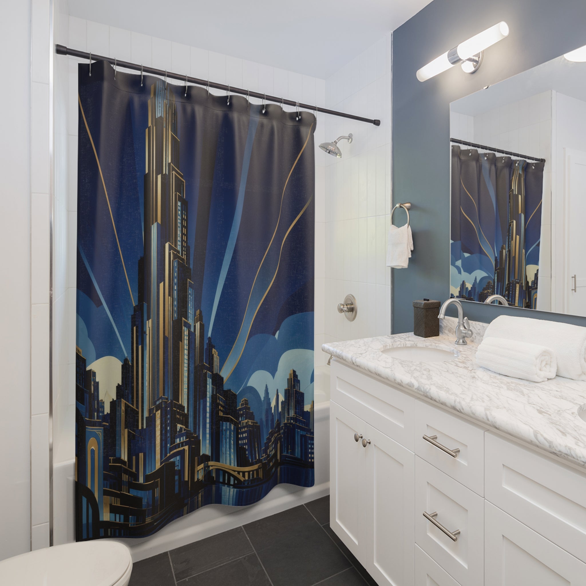 Midnight blue Neo Art Deco metropolis with terraced skyscraper shower curtain beside a white vanity