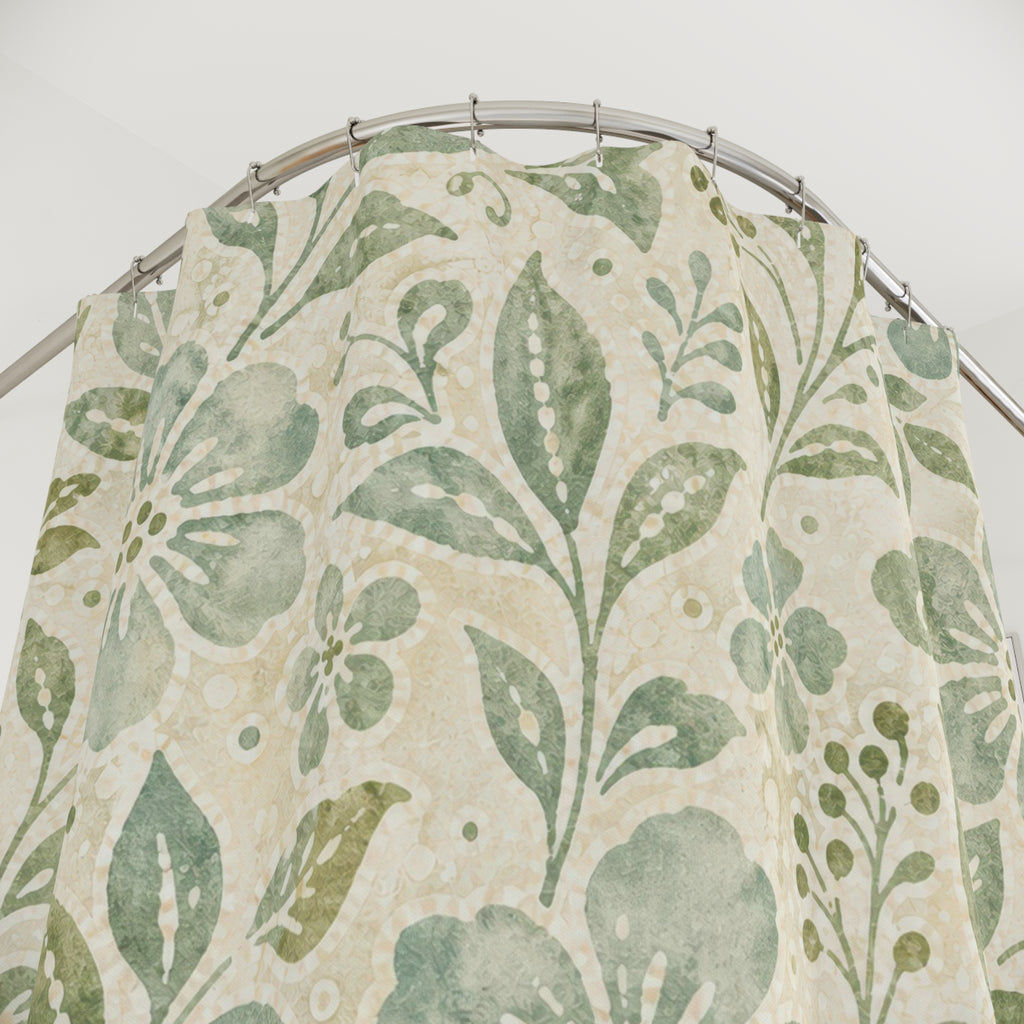 Celadon Batik Flower Print Shower Curtain