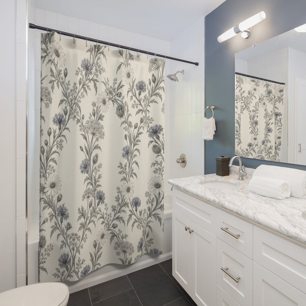 Grey daisies and cornflowers in airy garlands on ivory shower curtain beside a white vanity