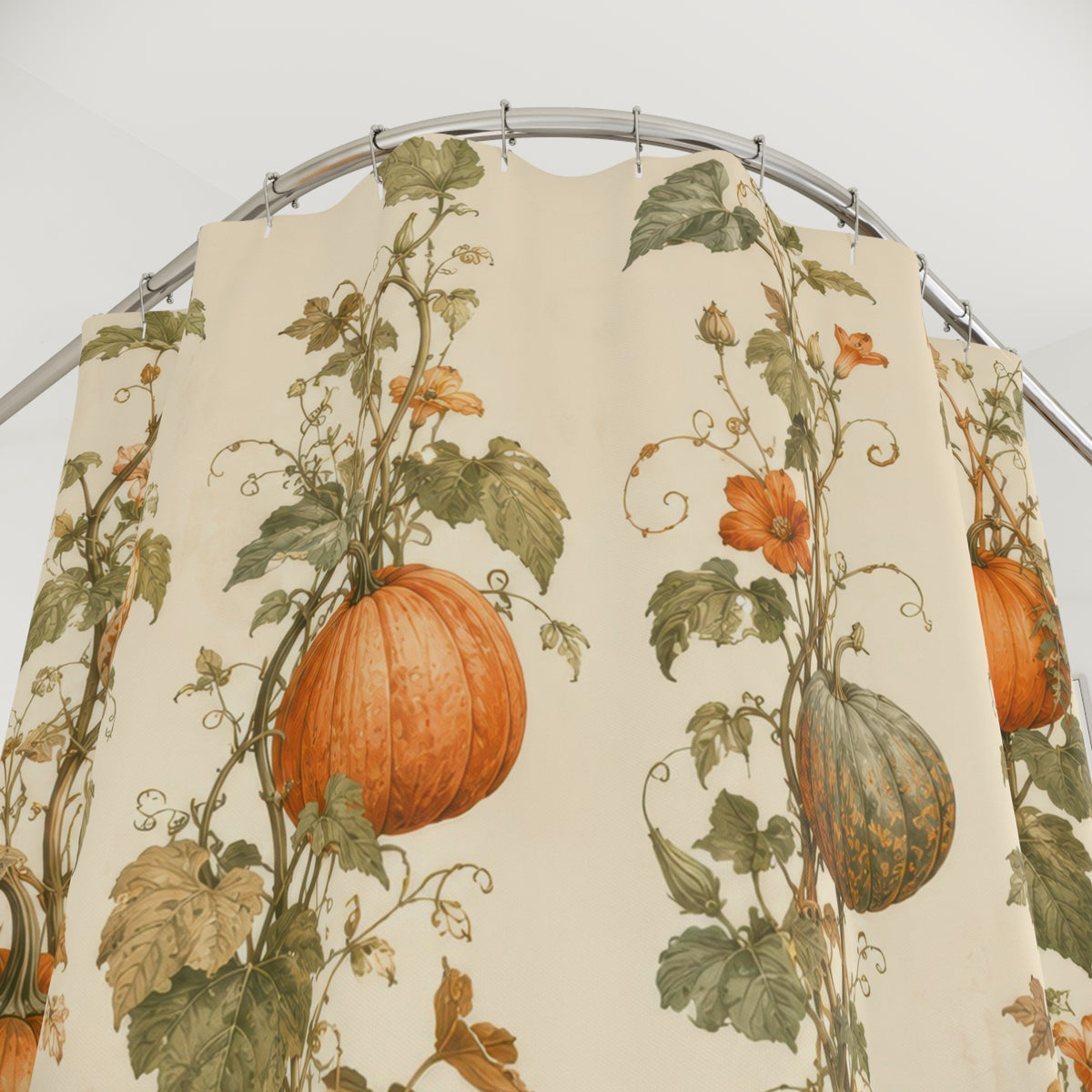 Orange pumpkin vines and meadow flowers shower curtain with close-up print, hooks, and folds