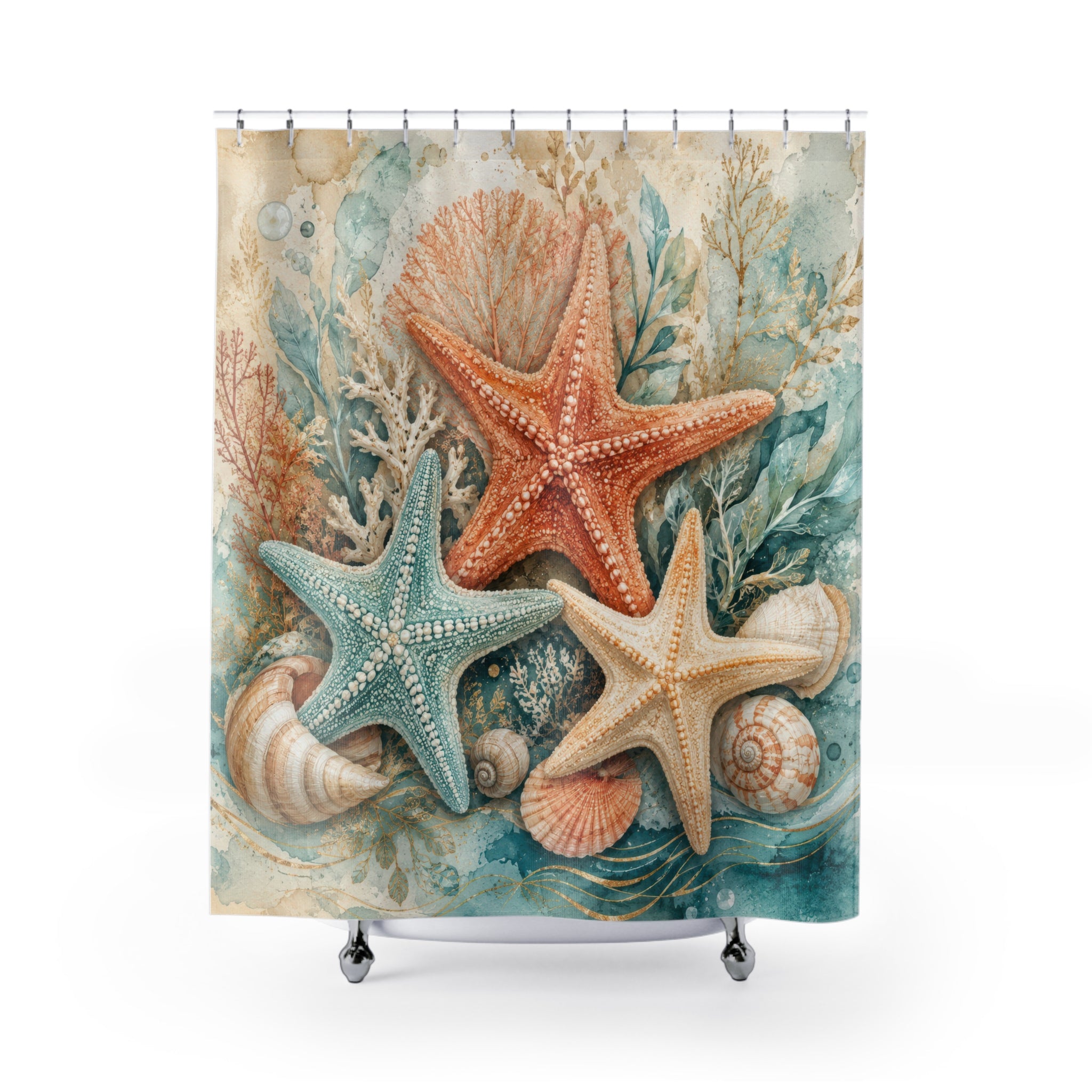 Starfish Shower Curtain: Aqua Coral Seashell Coastal