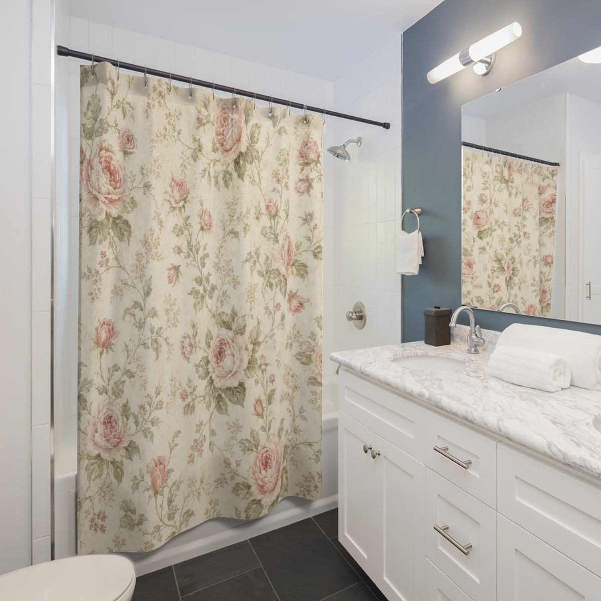 Shabby Chic Floral vintage rose shower curtain beside a white vanity