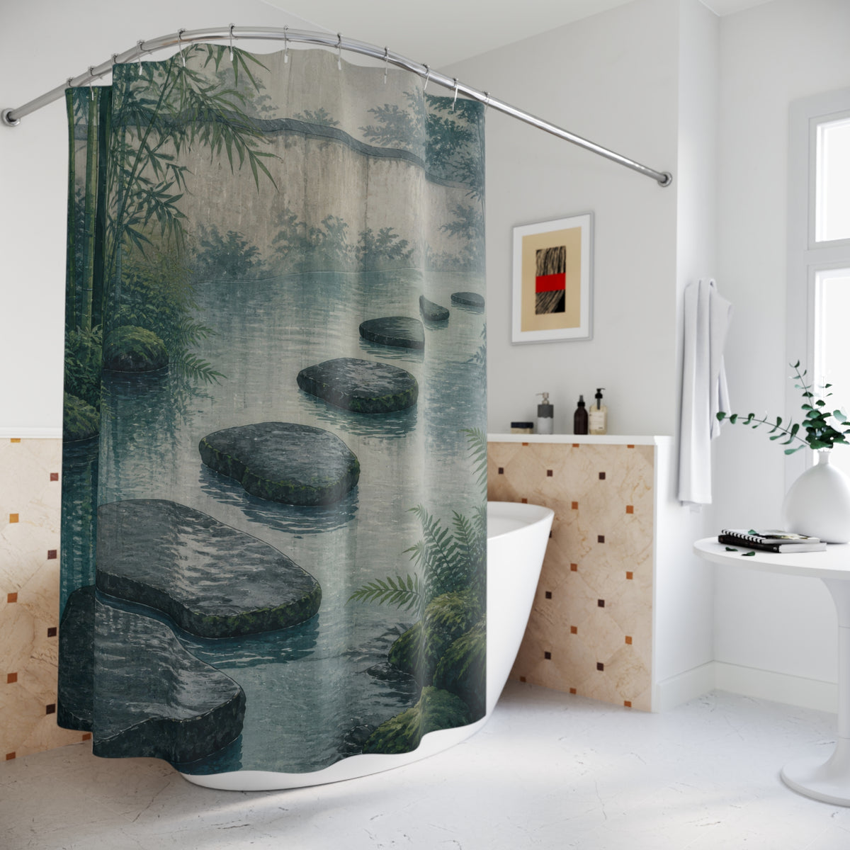 Rain-dark stepping stones crossing a misty bamboo pool shower curtain beside a freestanding tub