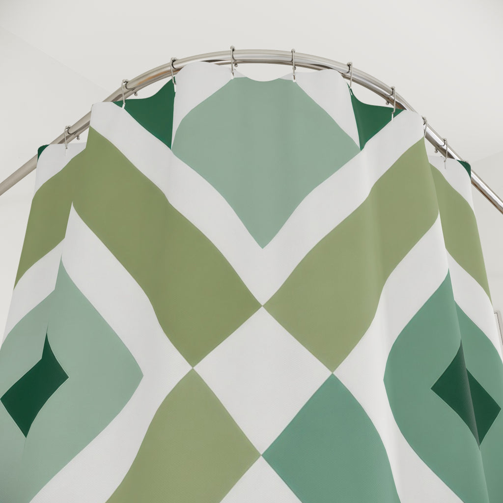 Green Geometric Shower Curtain, White Diamond Bath Decor, Sage Lattice Pattern, Modern Guest Bathroom Decor, Bold Green Style Decor