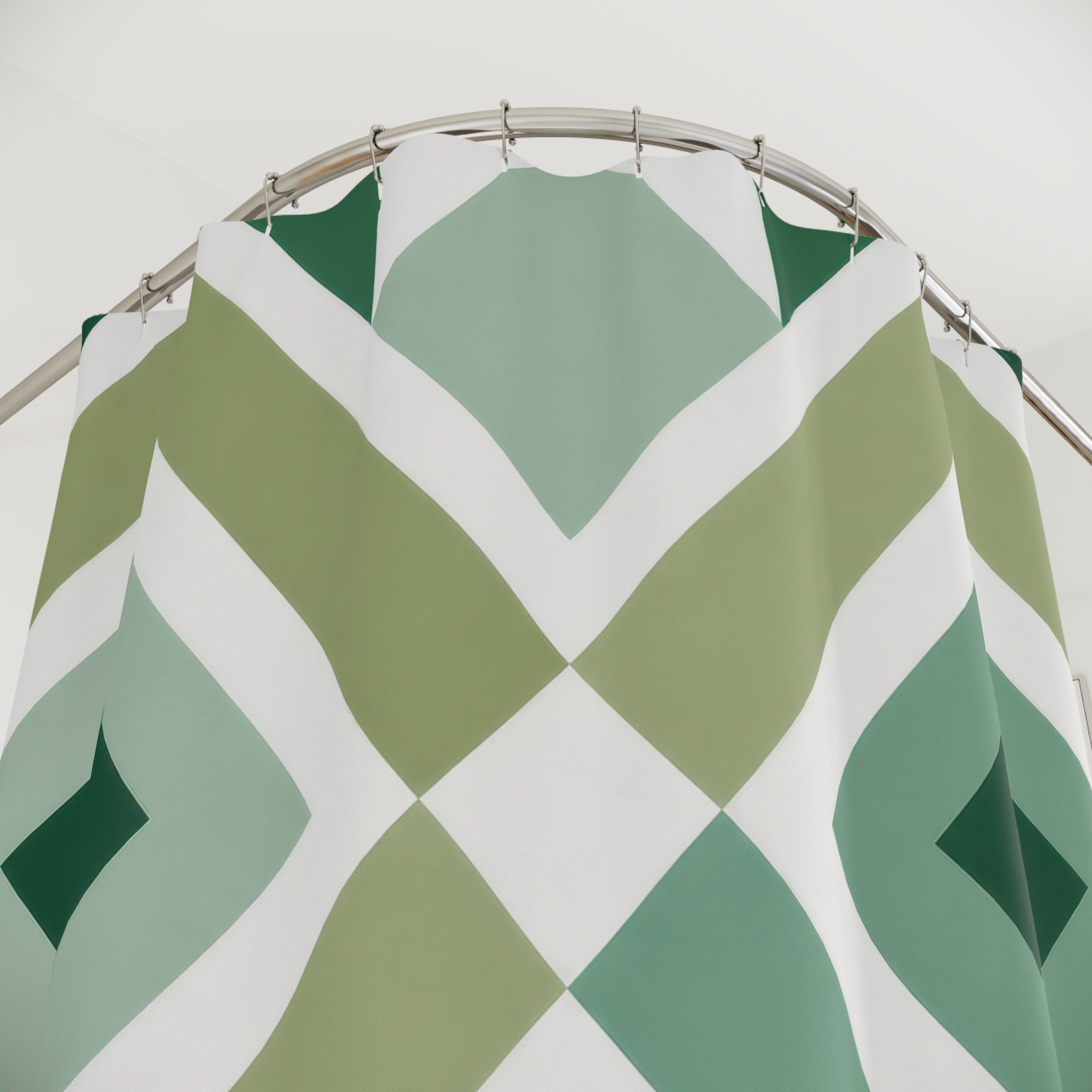 Green Geometric Shower Curtain, White Diamond Bath Decor, Sage Lattice Pattern, Modern Guest Bathroom Decor, Bold Green Style Decor