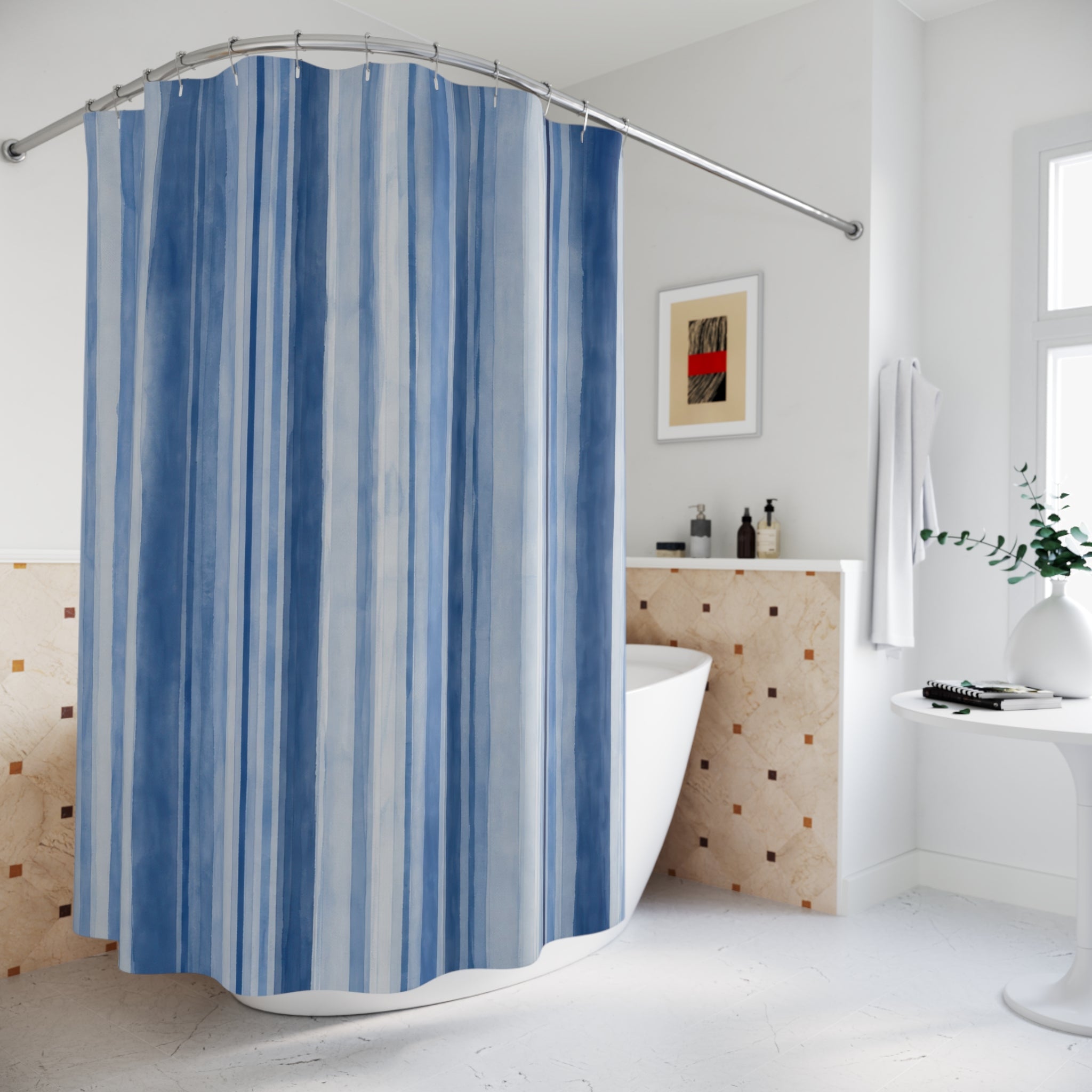 Pale Navy Watercolor Vertical Stripe Shower Curtain