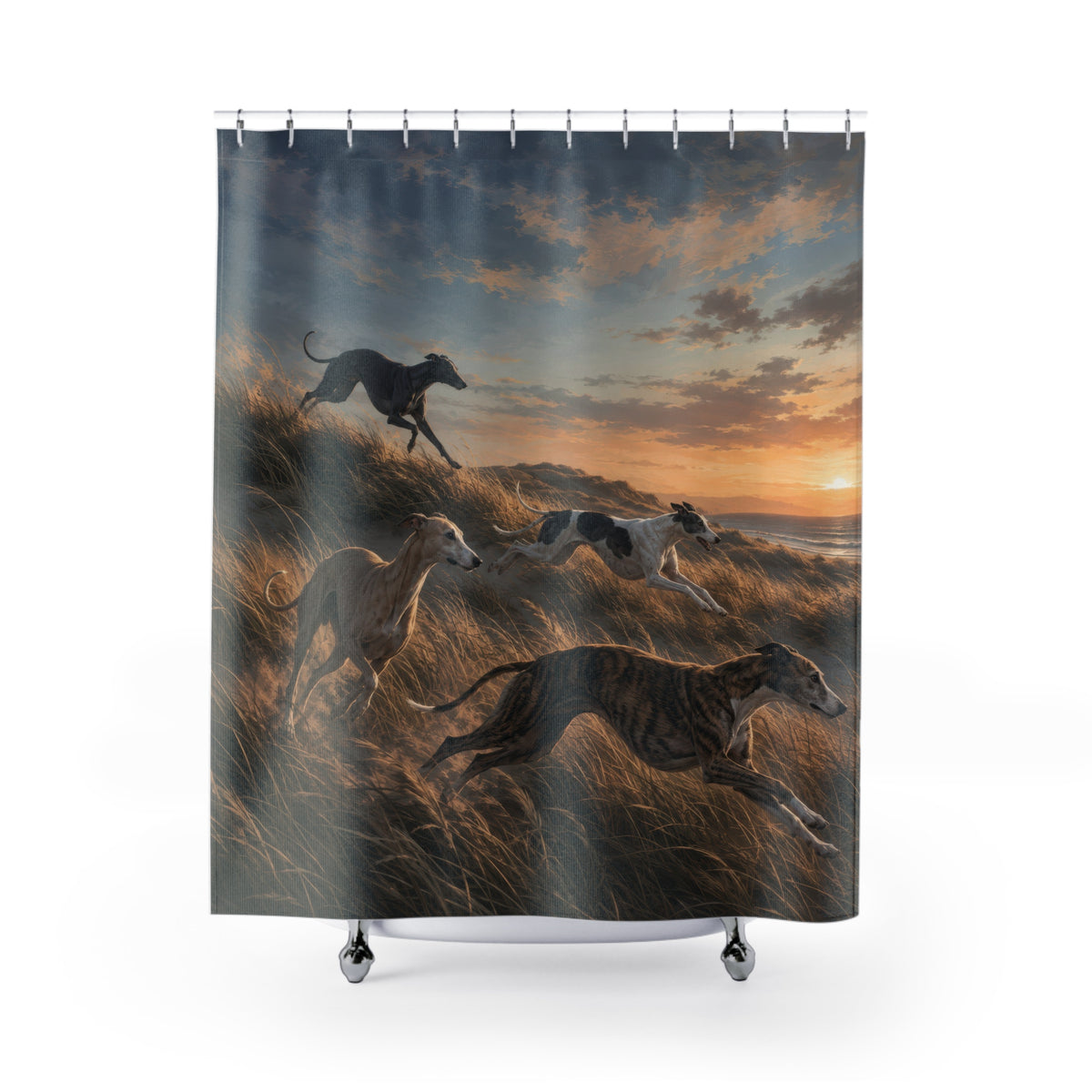 Four whippets racing through golden coastal dunes shower curtain with full front view