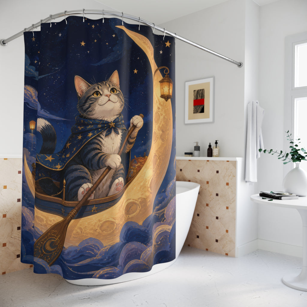 Cat sailing a crescent moon boat above indigo clouds shower curtain beside a freestanding tub