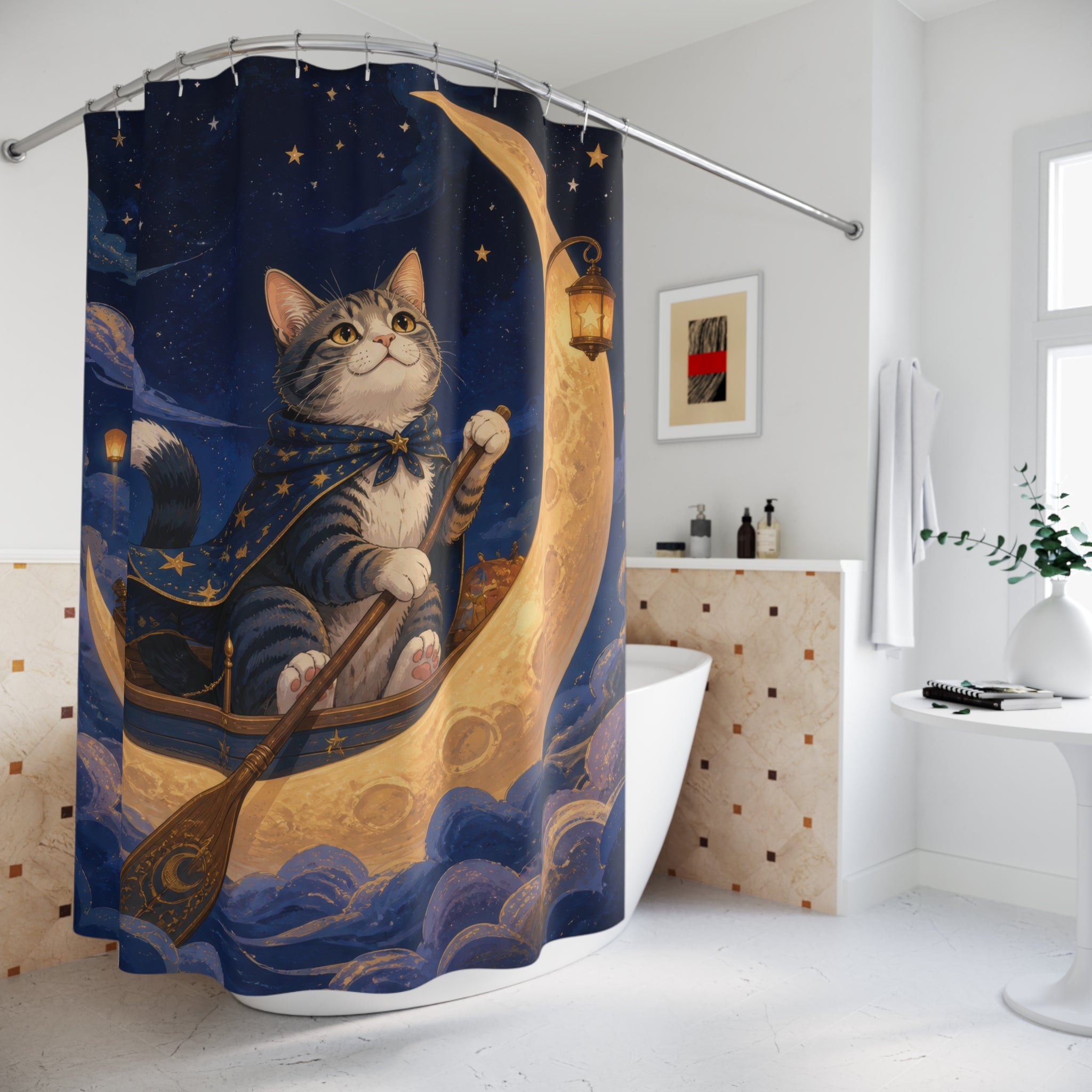 Cat sailing a crescent moon boat above indigo clouds shower curtain beside a freestanding tub