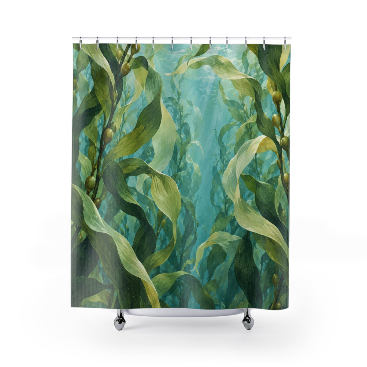 Green kelp in pale aqua water shower curtain with full front view