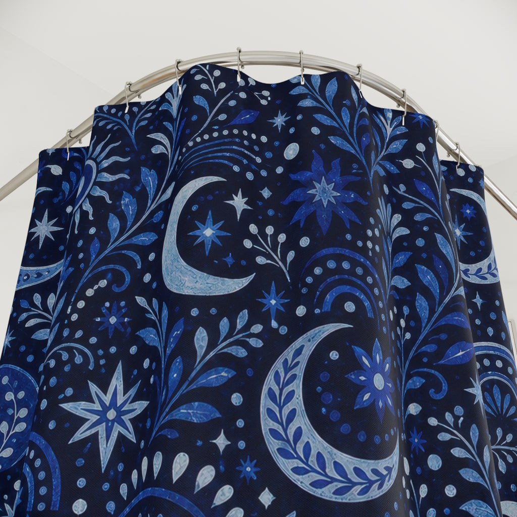 Navy Celestial Shower Curtain, Navy Blue Moon Bathroom Decor, Celestial Floral Bath Curtain, Guest Bath Decor, Small Bathroom Decor