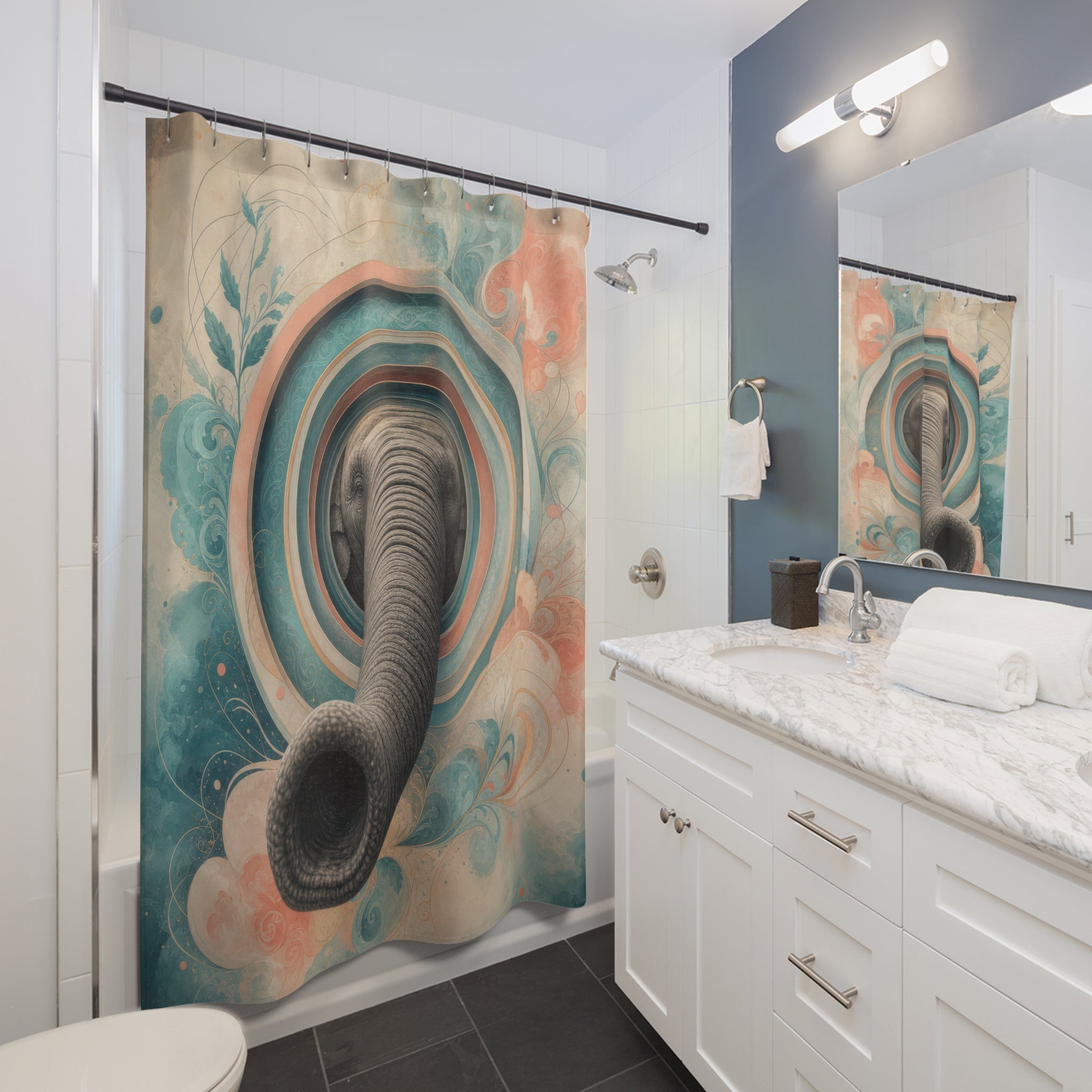 Unique Funny Shower Curtain, Elephant Trunk Portal Art, Surreal Animal Bathroom Humor, Pastel Dream Guest Bath Wall Decor Gift For Home
