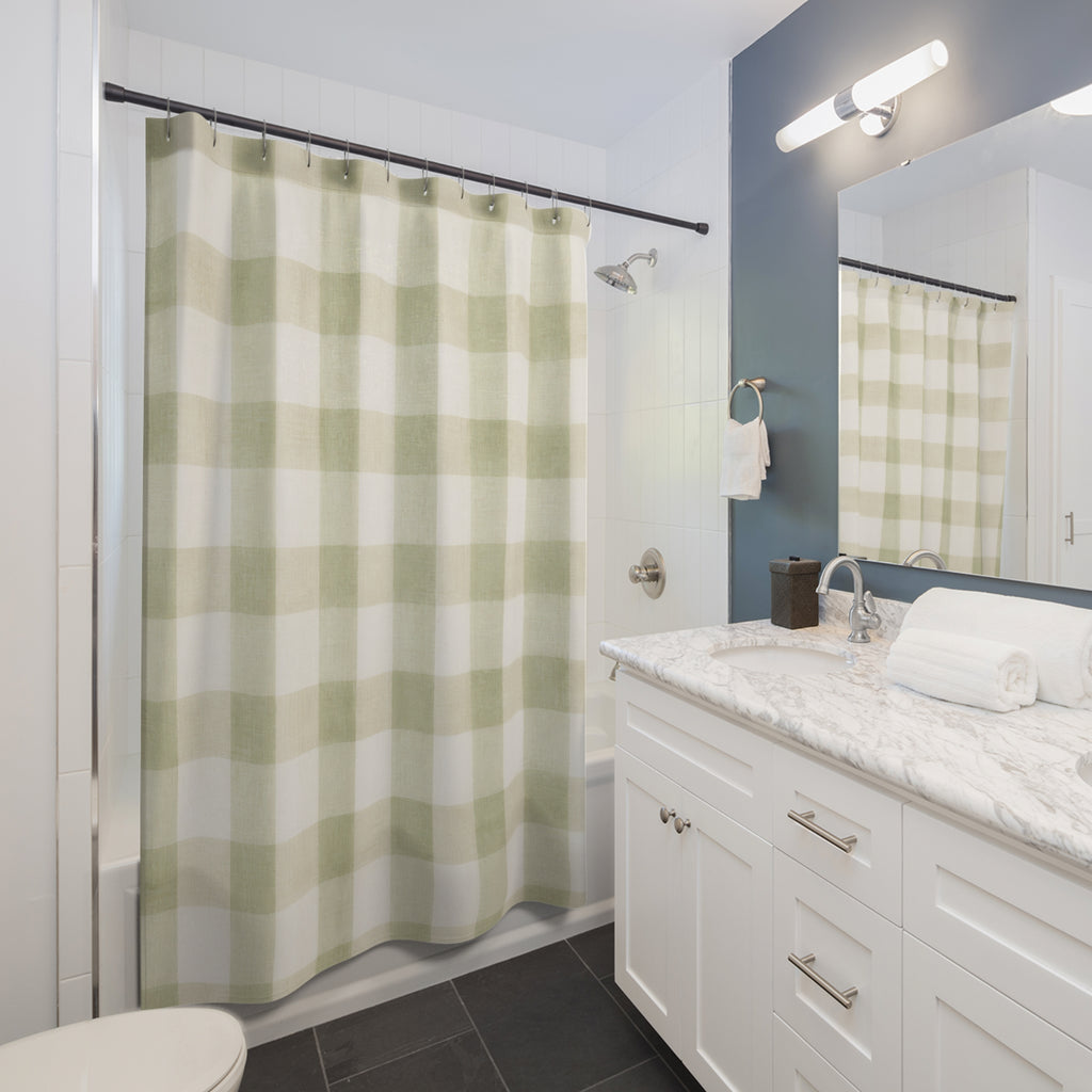 Sage Shower Curtain, Gingham Bath Decor, Green White Checkered Pattern, Farmhouse Guest Bathroom Decor, Soft Sage Green Gingham Style