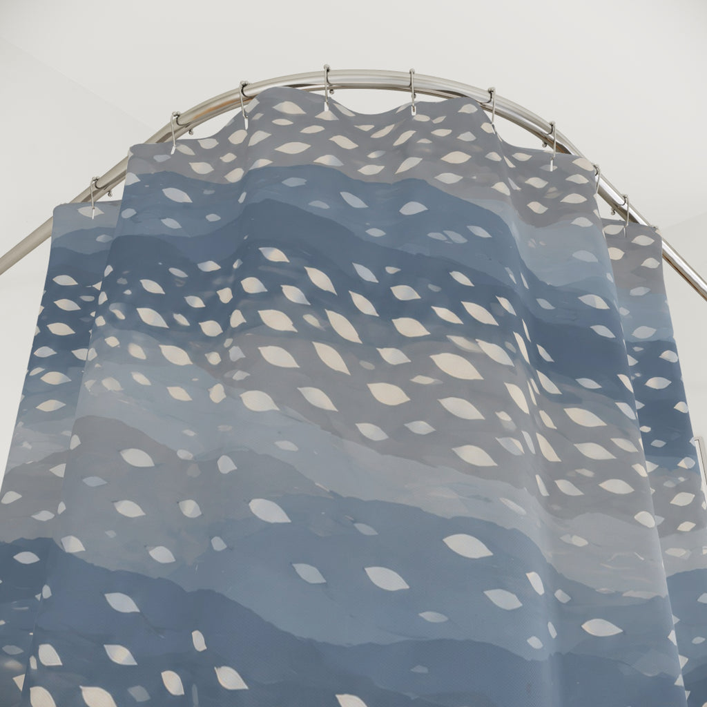 Ivory fawn spots across wavy dusty blue and grey bands shower curtain with close-up print, hooks, and folds