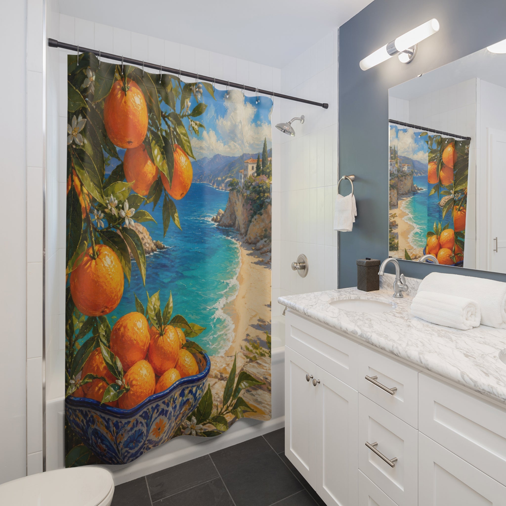 Oranges framing a sunlit Mediterranean beach cove shower curtain installed beside a white vanity