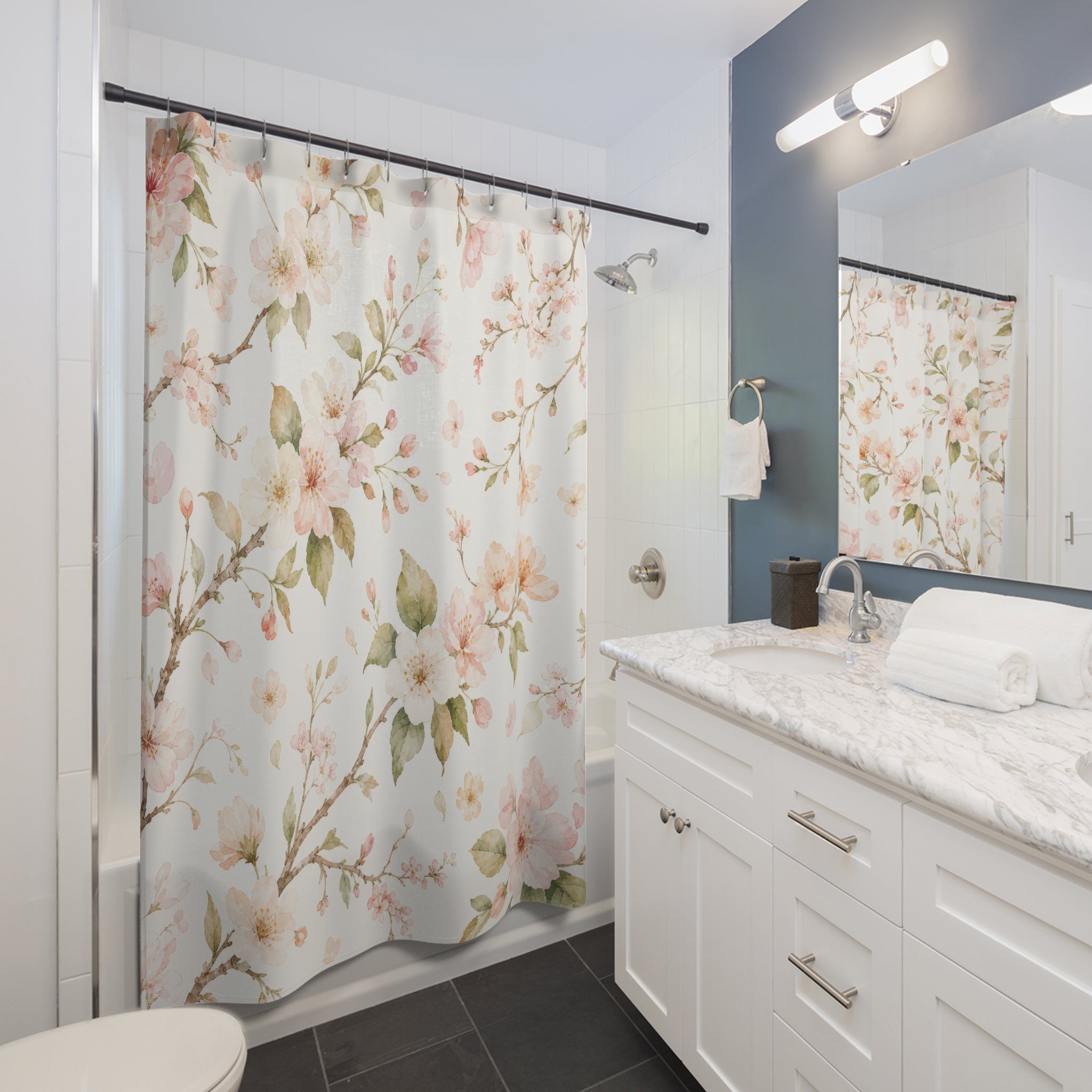 Cherry Blossom Cottage Blush White Branch Shower Curtain