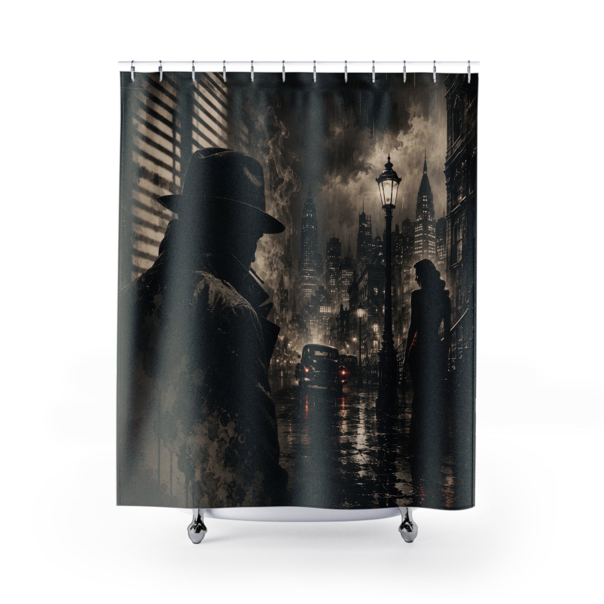 Noir Shower Curtain: Black Vintage City Rain