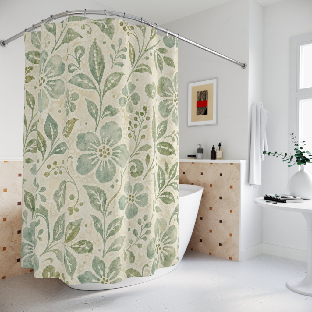 Celadon Batik Flower Print Shower Curtain