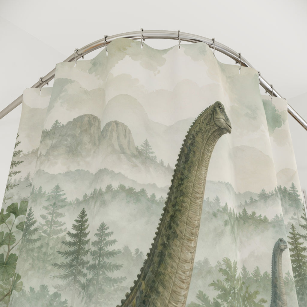 Sage watercolor sauropod family in a misty forest shower curtain with close-up print, hooks, and folds
