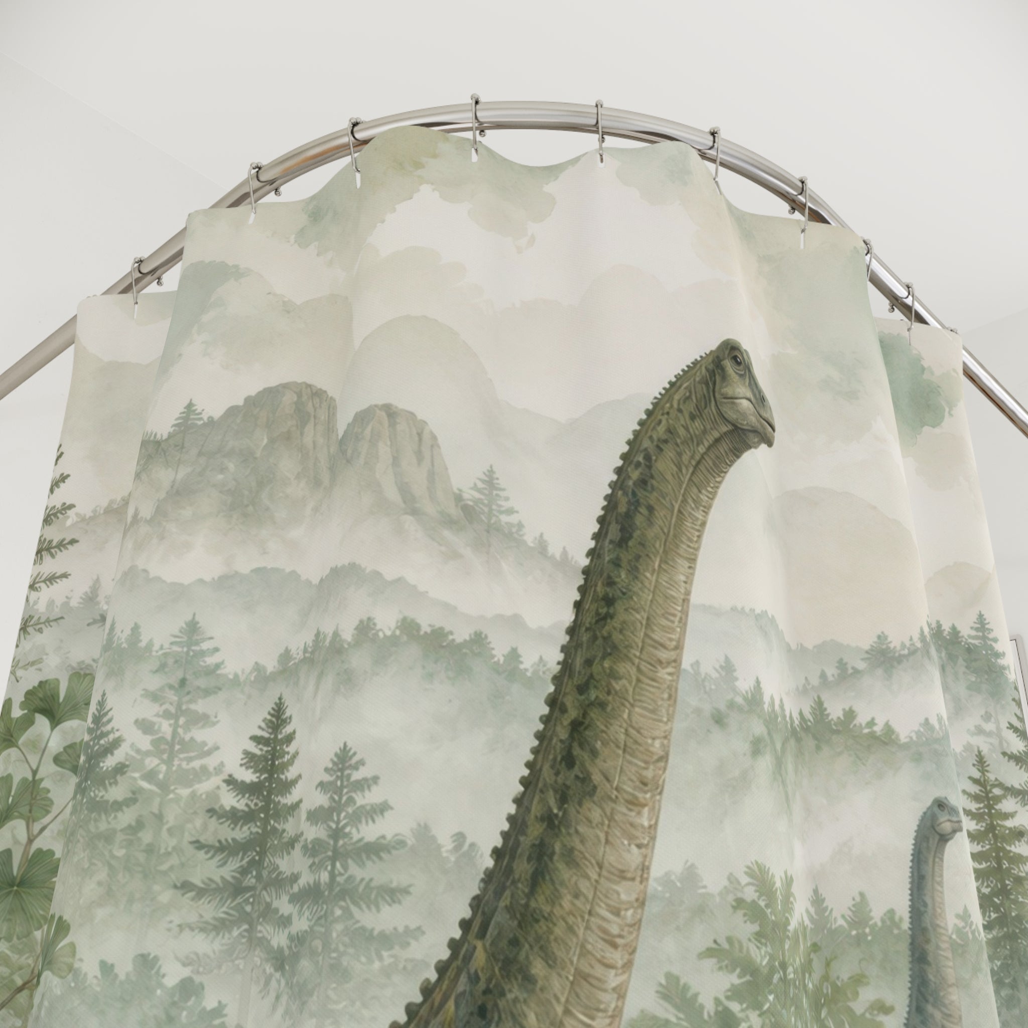Sage watercolor sauropod family in a misty forest shower curtain with close-up print, hooks, and folds