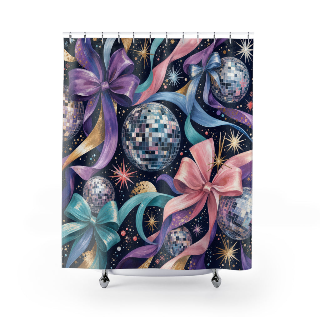 Midnight Navy Disco Ball and Bow Shower Curtain