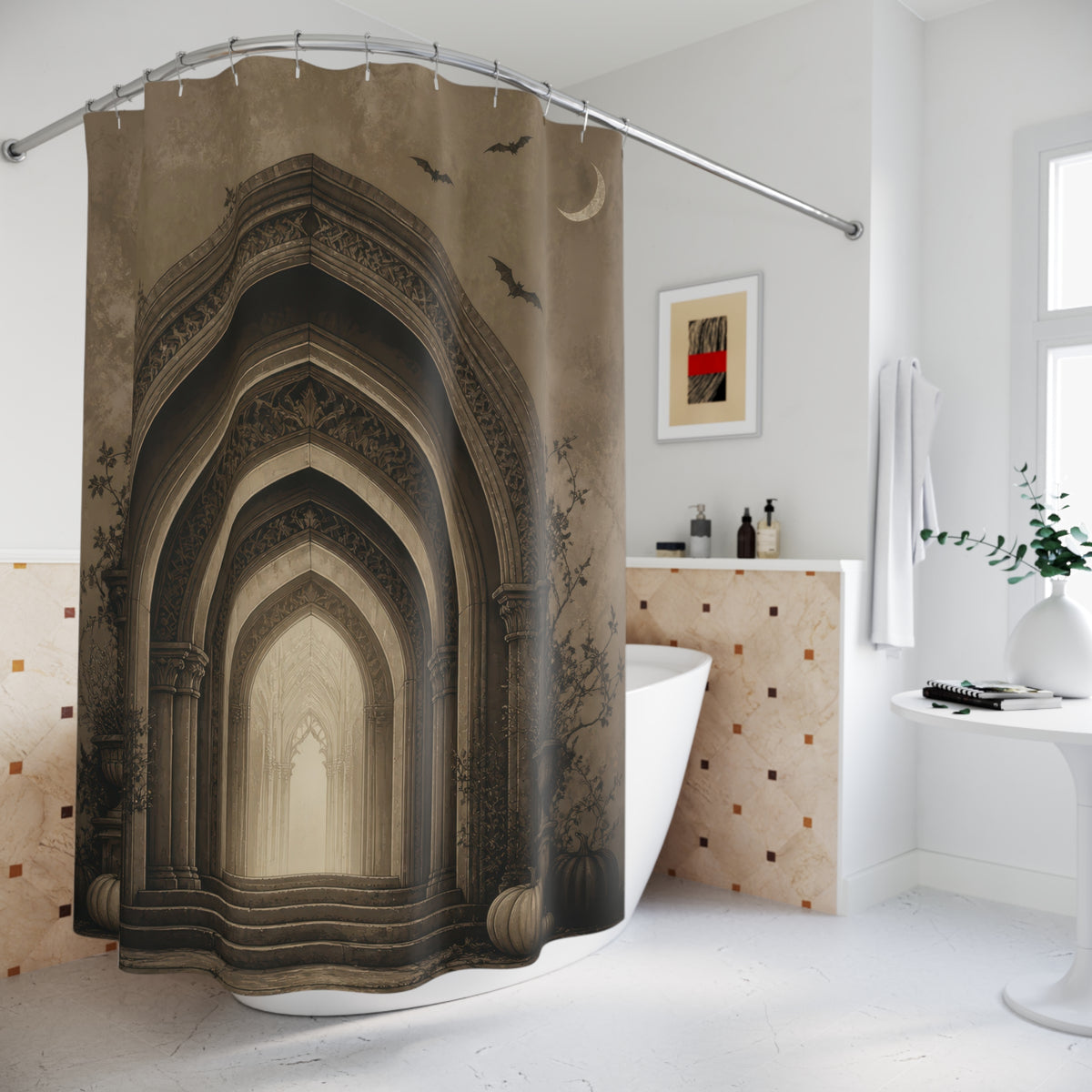 Taupe Gothic archway with crescent moon bats vines and pumpkins shower curtain beside a freestanding tub