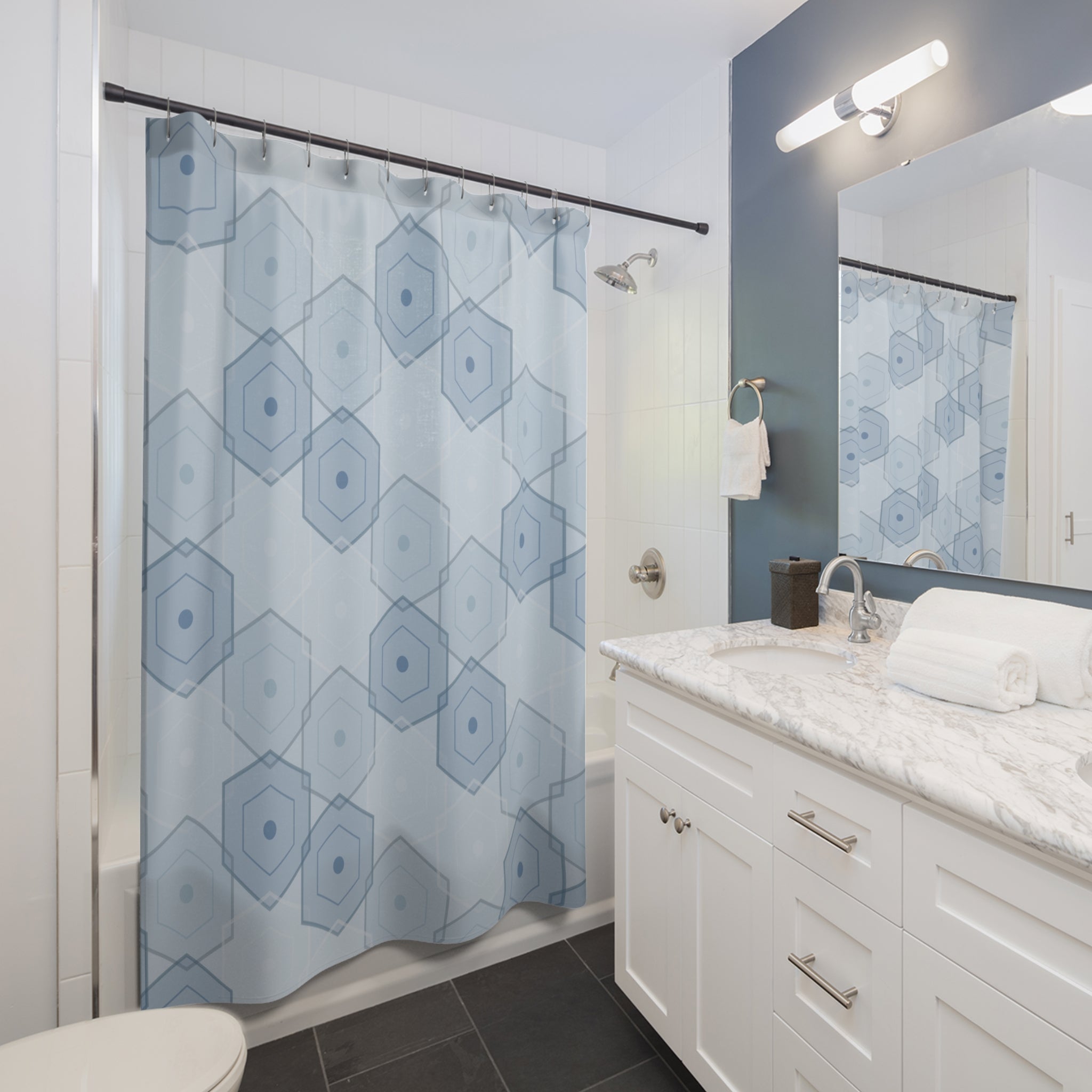 Blue and Grey Hexagon Shower Curtain