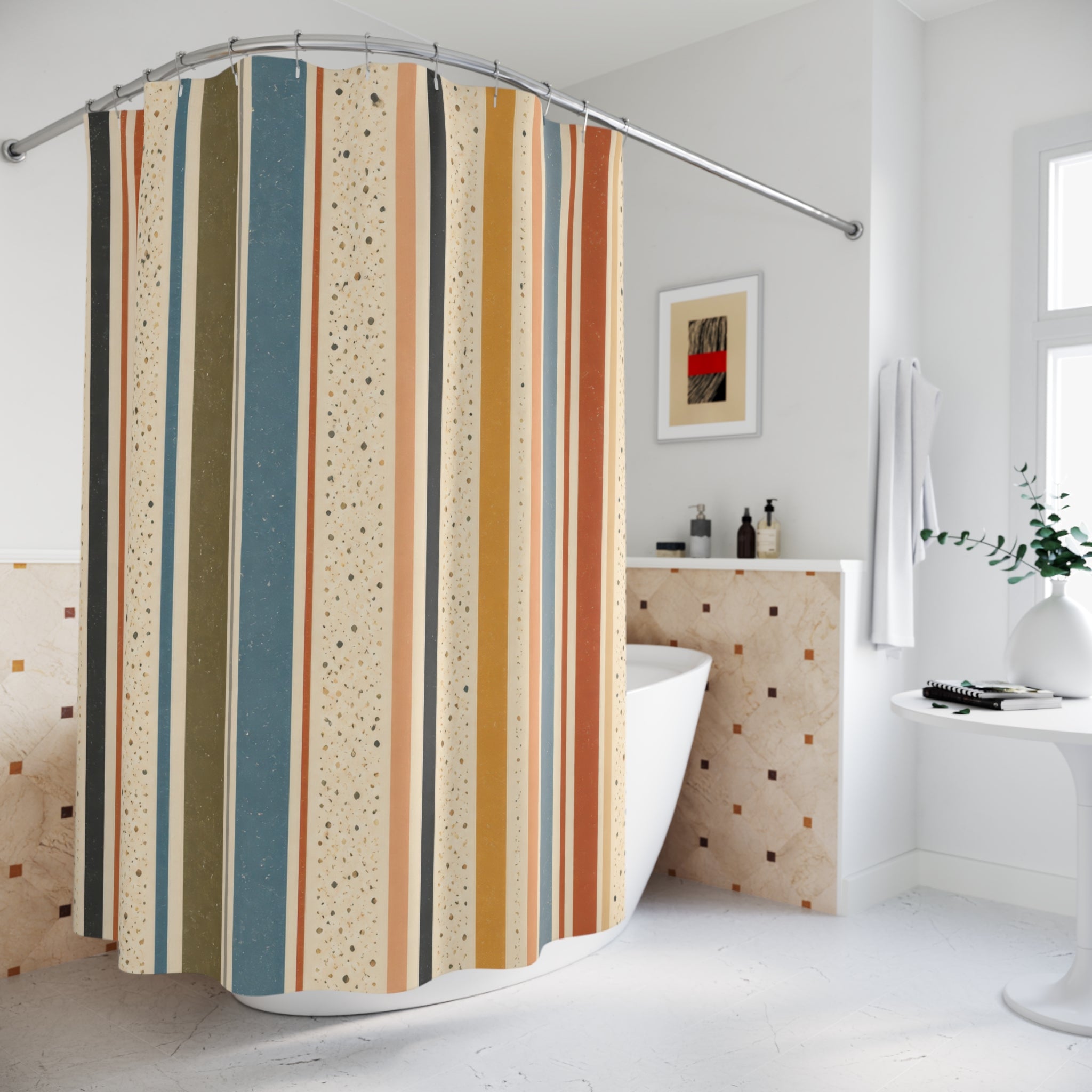 Tan Rust Dotted Column Stripe Shower Curtain