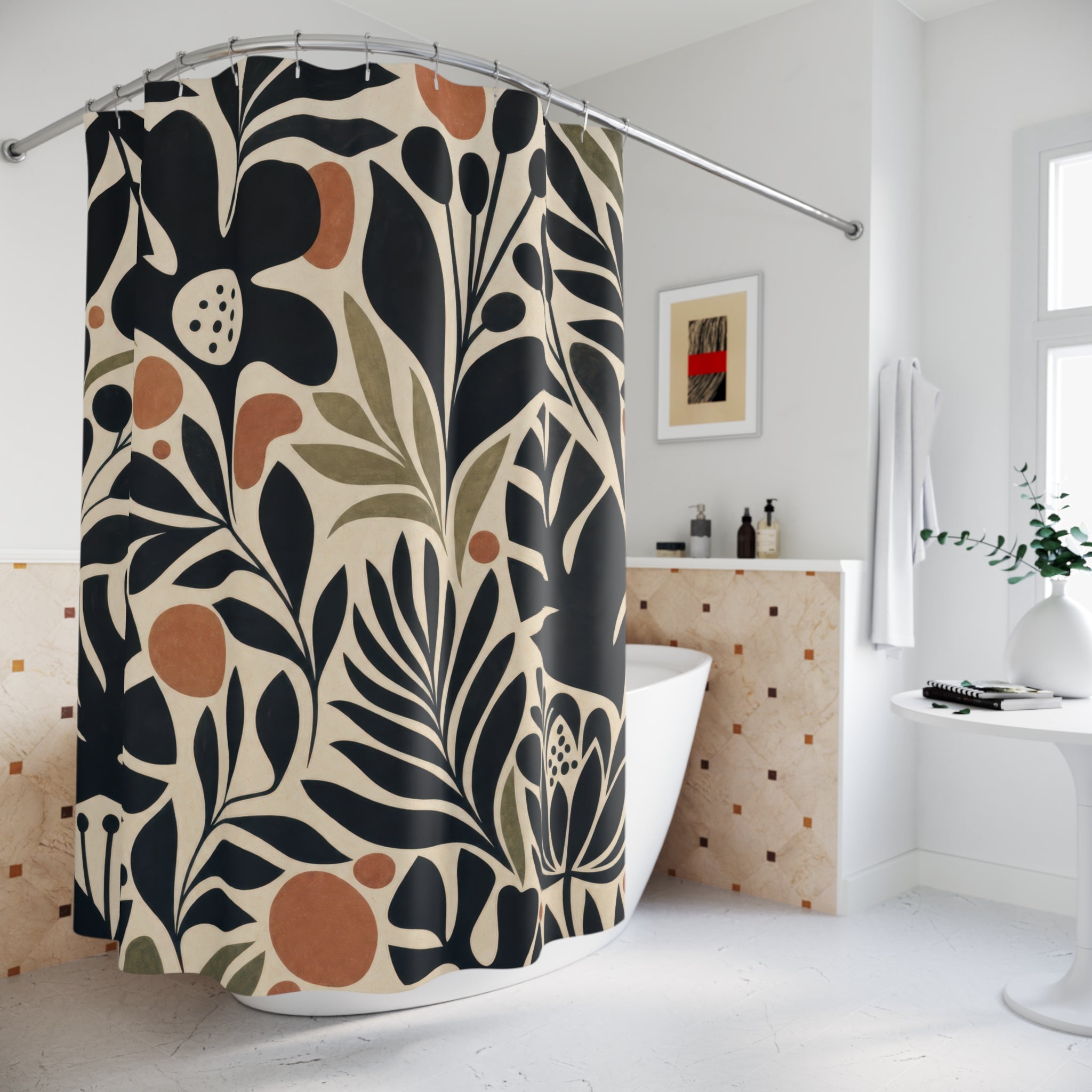 Unique Black Floral Shower Curtain, Graphic Botanical Leaf Pattern, Cream Tan Scandinavian Decor, Modern Guest Bath Accent, Neutral Style