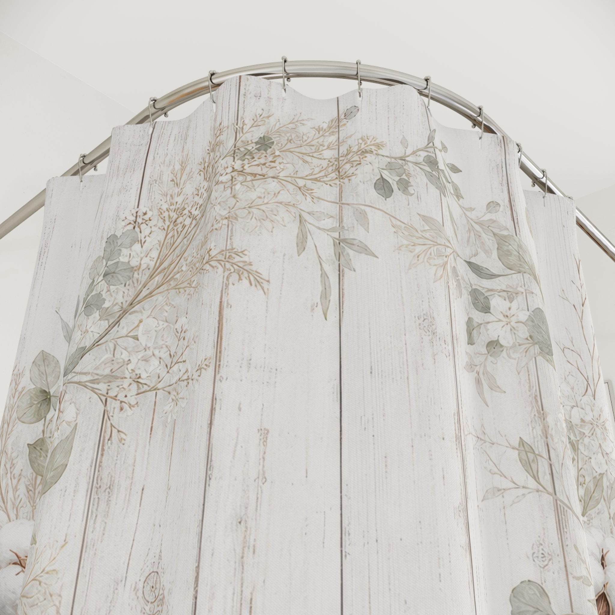 White Farmhouse Shower Curtain: Cotton Wreath Botanical