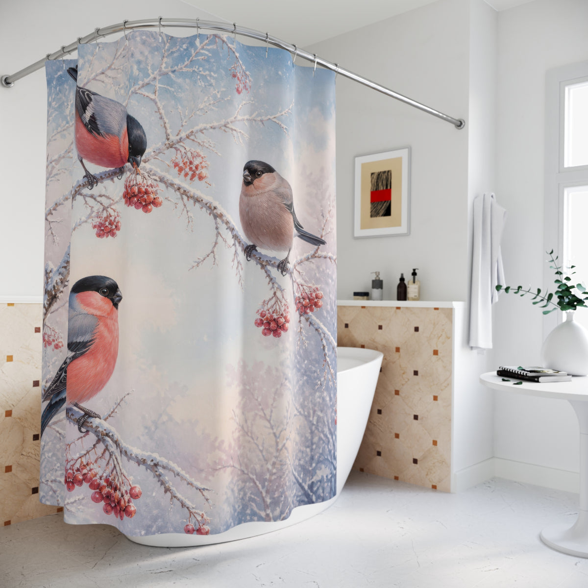 Rosy bullfinches on frosted berries shower curtain beside a freestanding tub