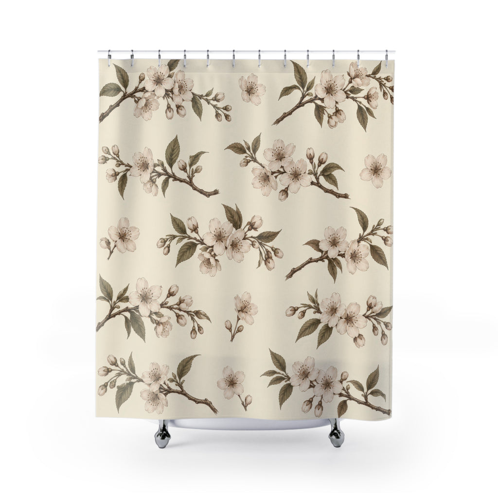 Sepia cherry blossom boughs with olive leaves on ivory shower curtain with full front view