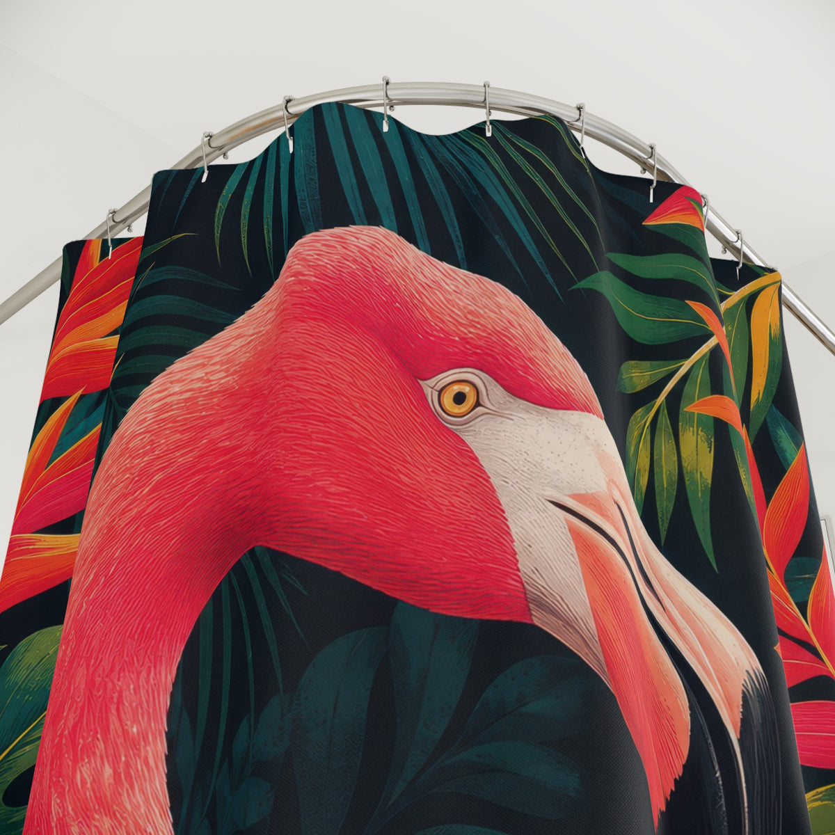 Hot-pink flamingo portrait framed by tropical foliage shower curtain with close-up print, hooks, and folds